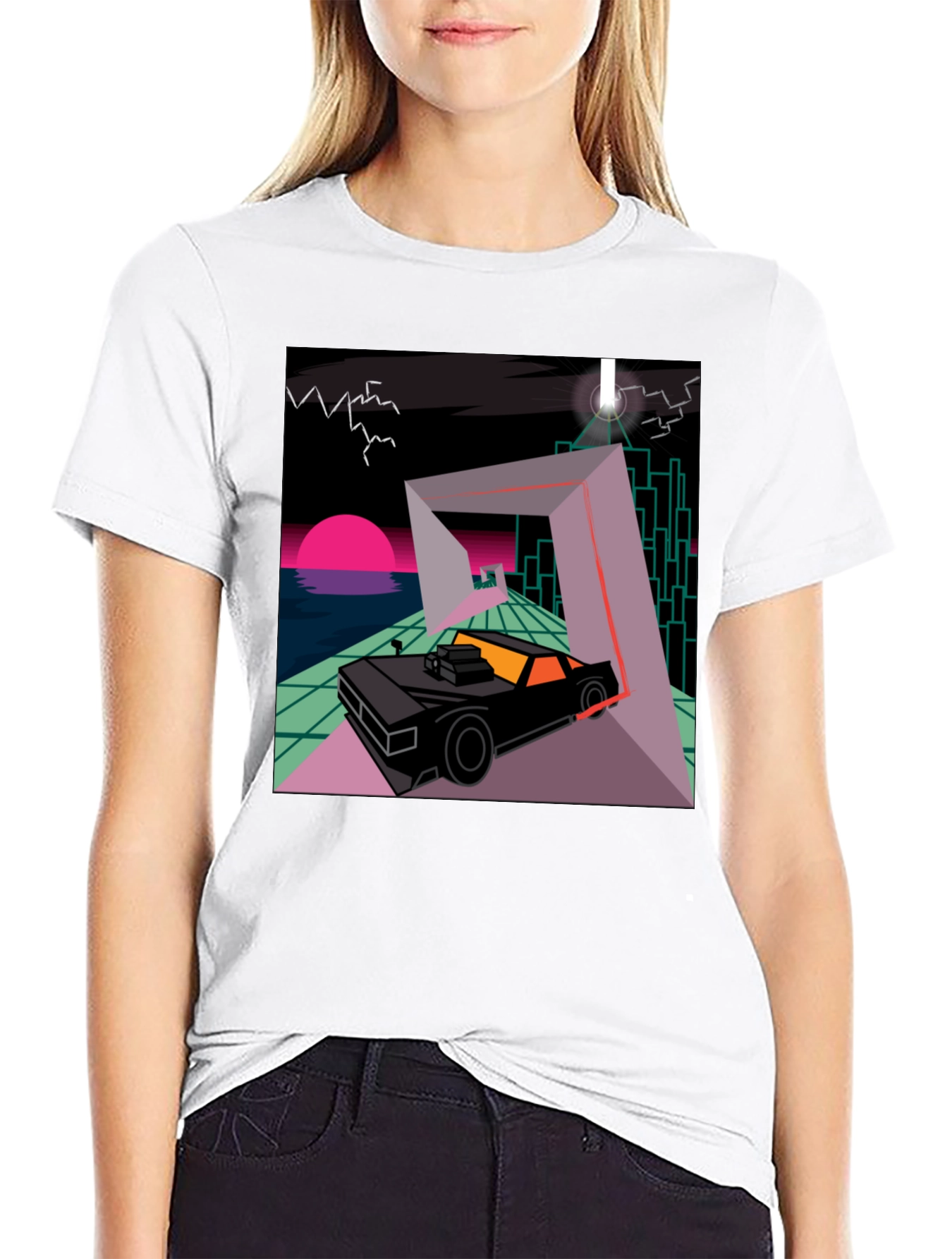 Black Retro Wave Car T-Shirt - Synthwave Design view 9