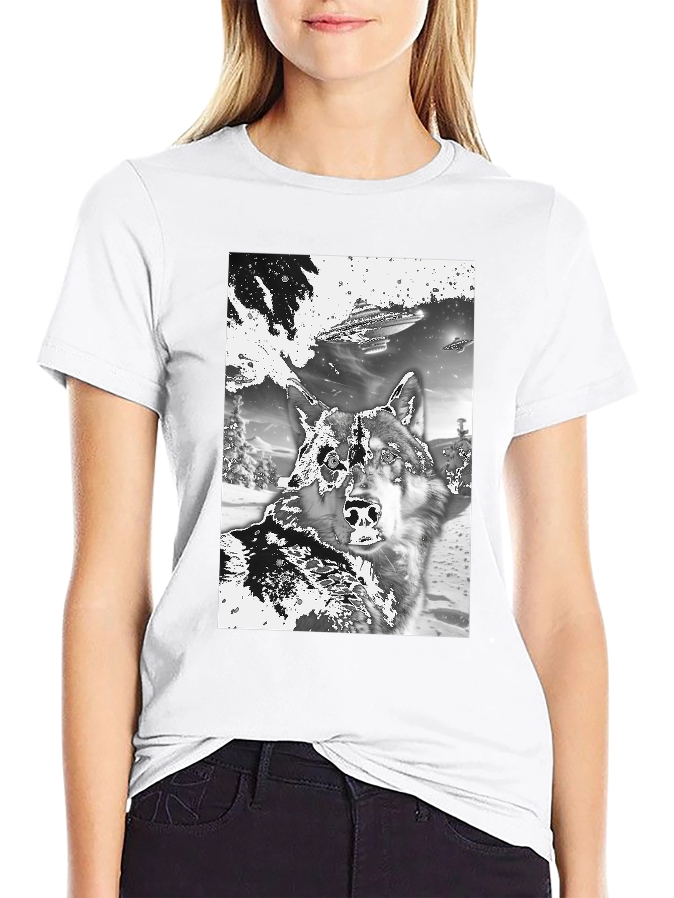 Black Wolf & UFO Graphic T-Shirt - Black Crew Neck Tee view 9