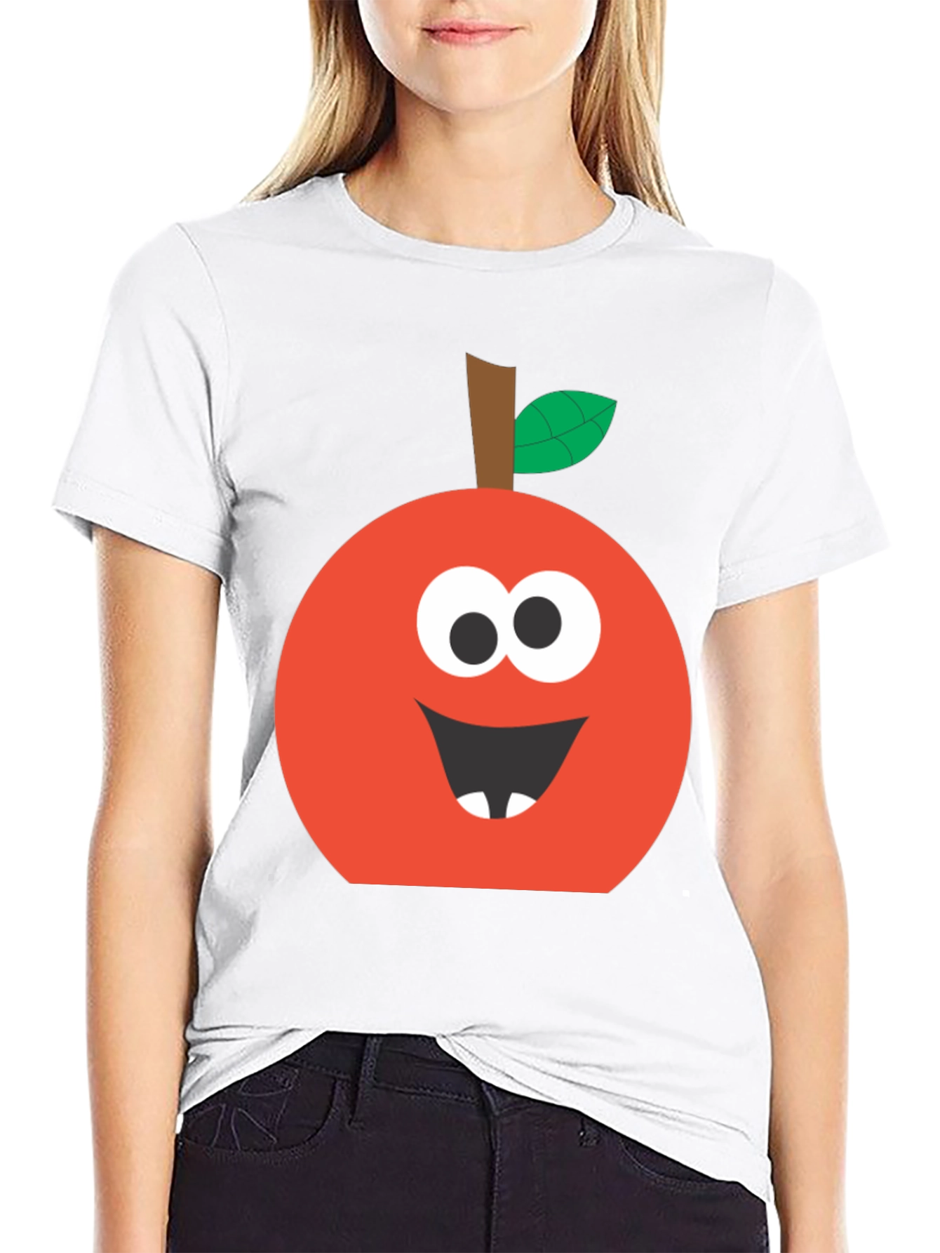 Black Funny Apple Face T-Shirt - Cute Cartoon Graphic Tee view 9