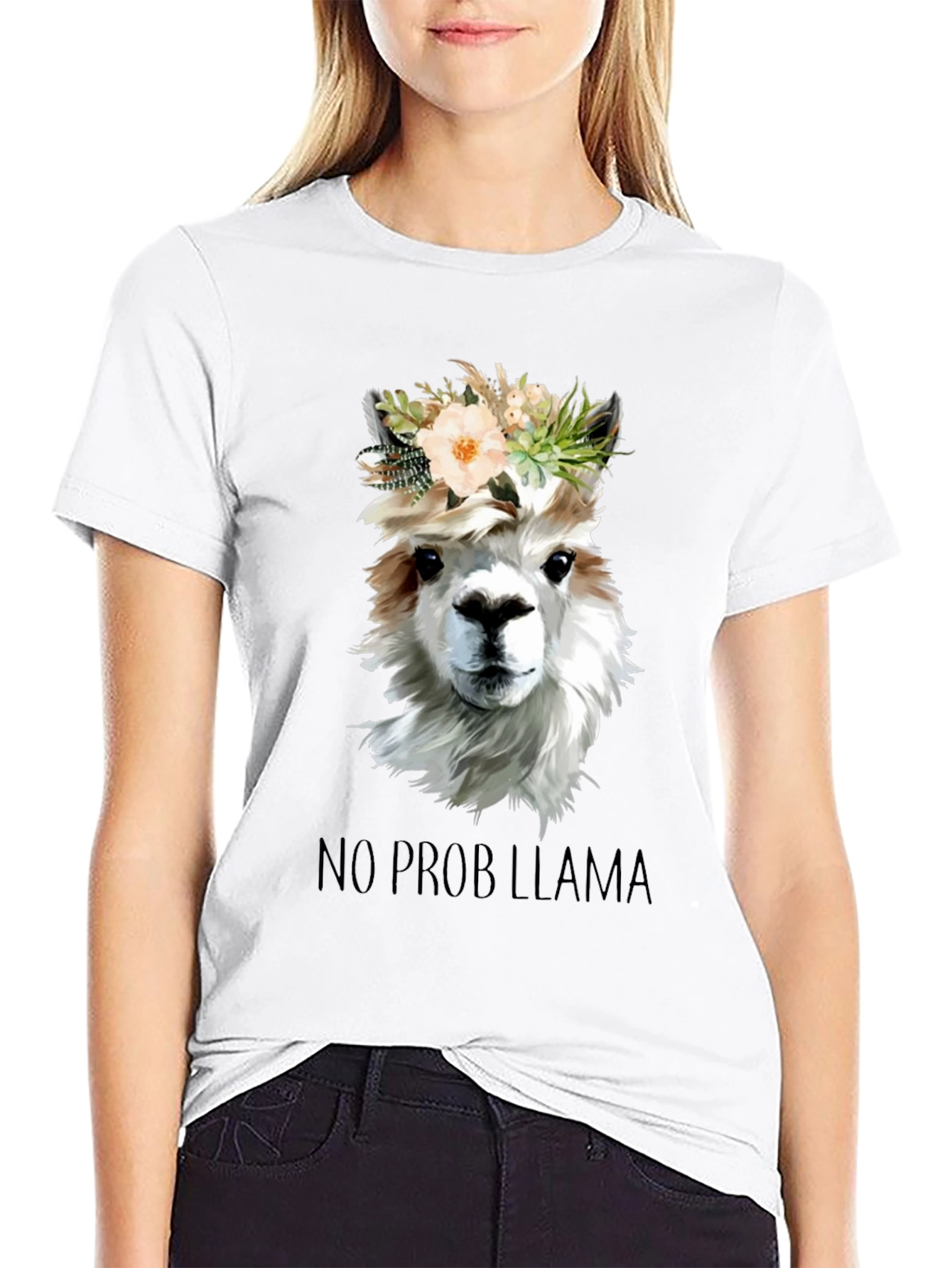 Black No Prob Llama T-Shirt - Floral Crown Alpaca Graphic Tee view 9