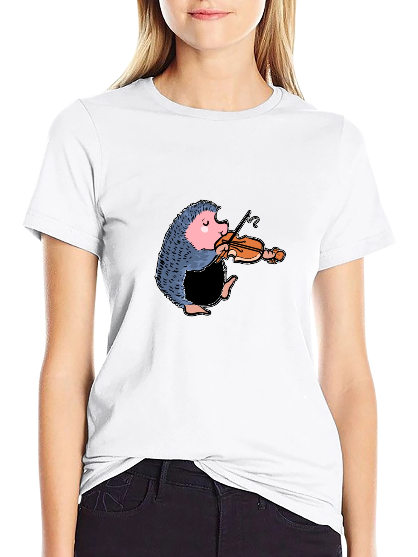 Black Funny Hedgehog Playing Violin T-Shirt view 9