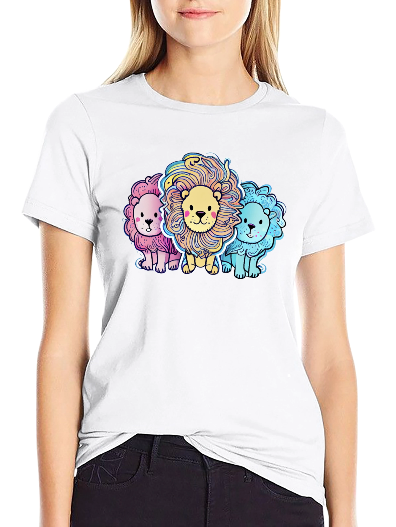 Black Cute Cartoon Lions Graphic Tee view 9