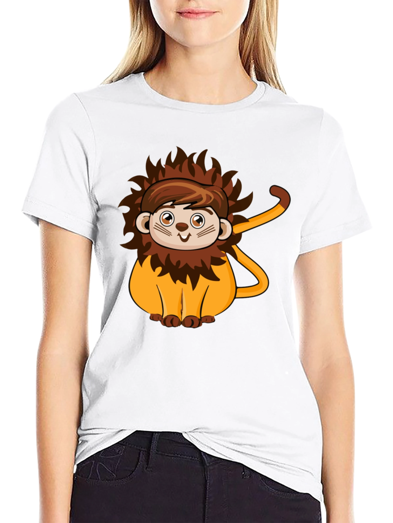 Black Cute Lion Cartoon Black T-Shirt view 9