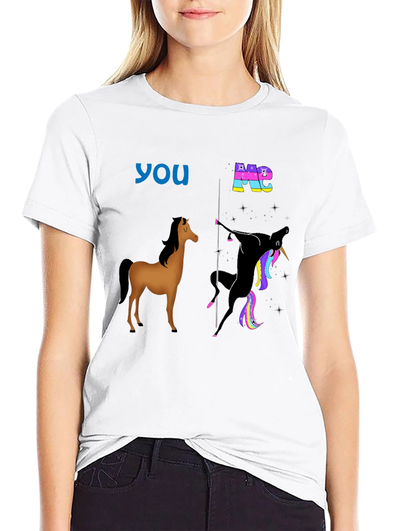 Black Funny Horse & Unicorn T-Shirt: You vs. Me view 9
