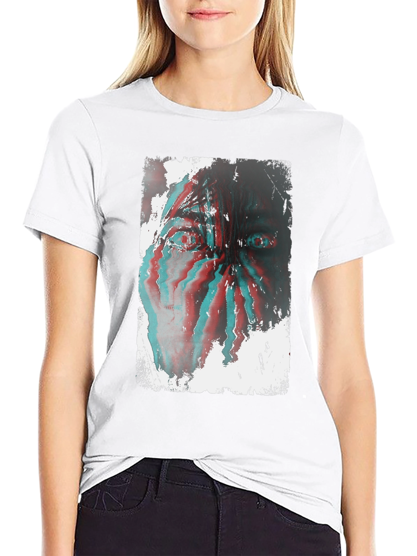 Black Distorted Face Graphic Tee - Black Cotton Blend view 9