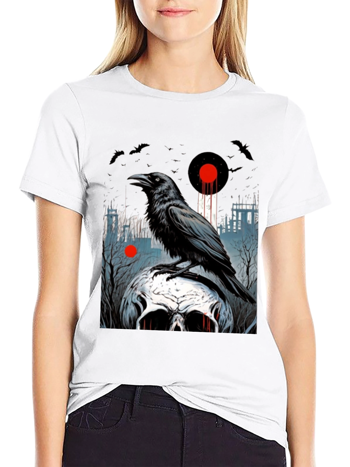 Black Raven Skull Graphic Tee - Dark Gothic Style view 9