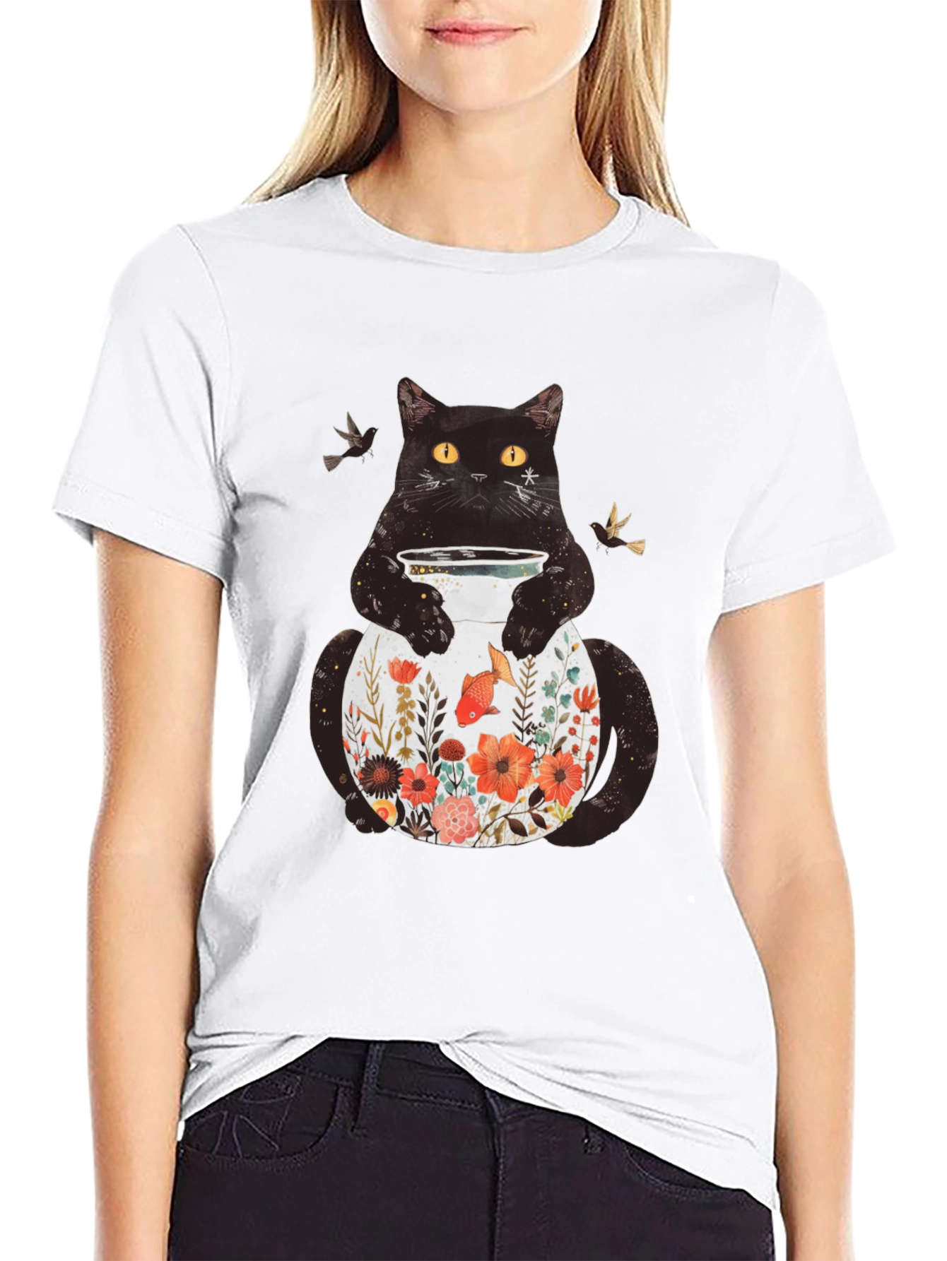 Black Floral Cat Graphic T-Shirt - Unique Animal Design view 9