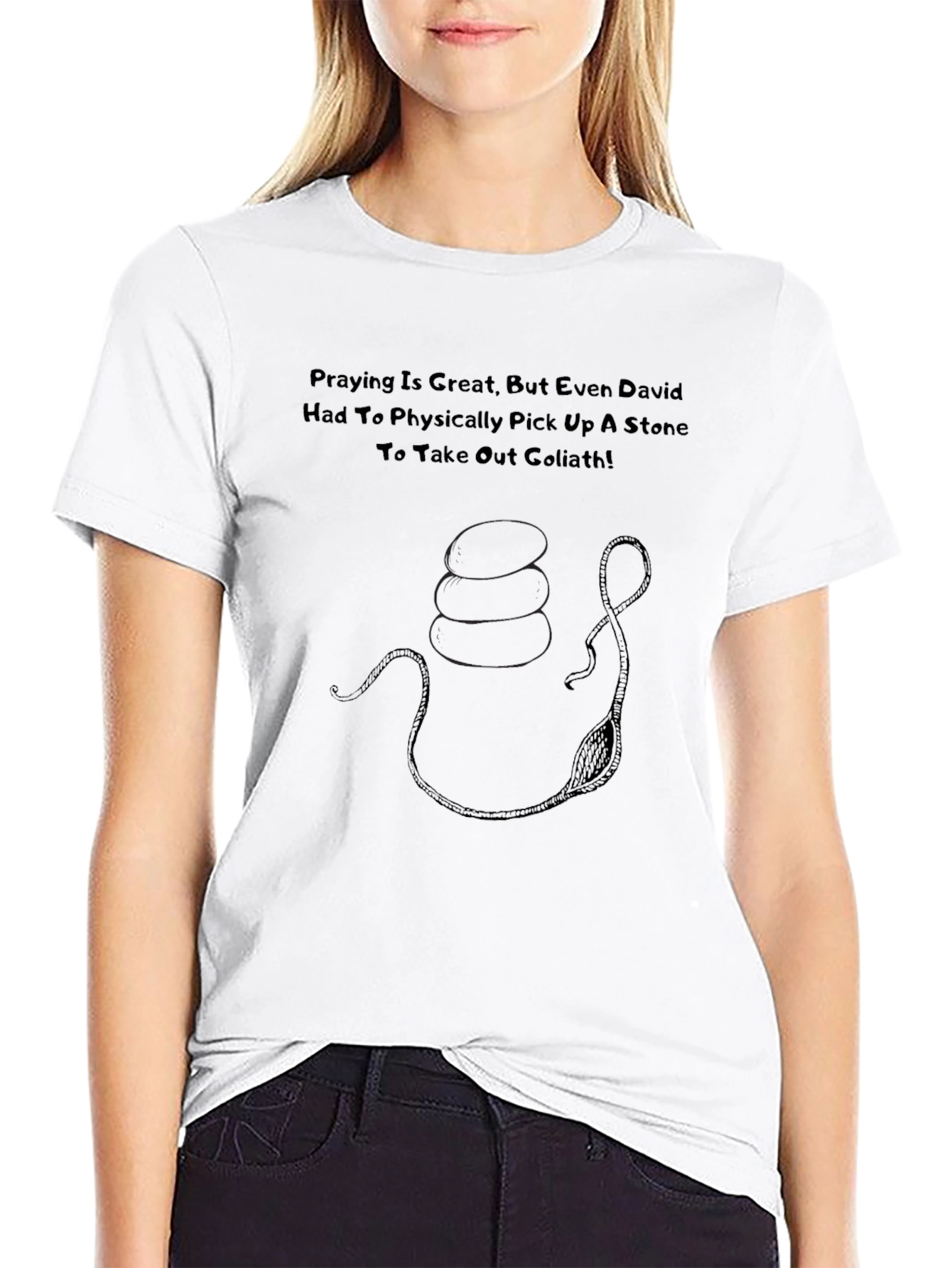 Black Praying Is Great T-Shirt: David and Goliath Design view 9