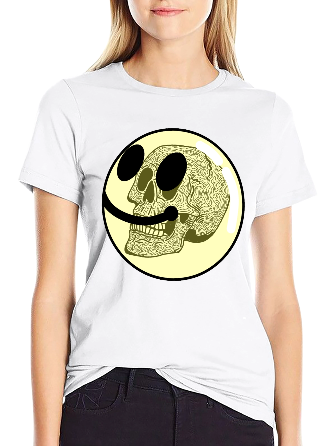 Black Skull Smiley Face Graphic Tee view 9