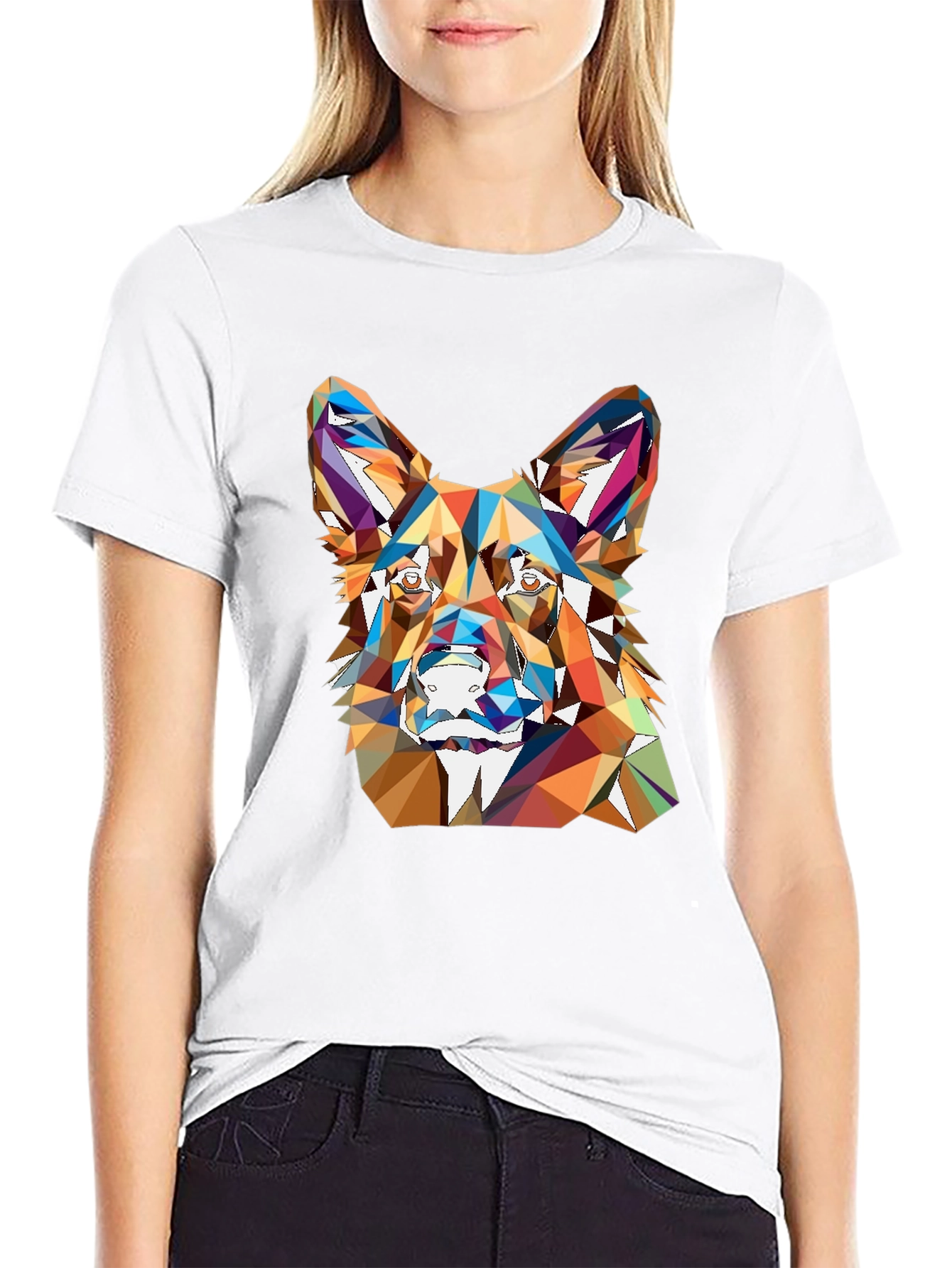 Black Geometric Dog Head Print Black T-Shirt view 9