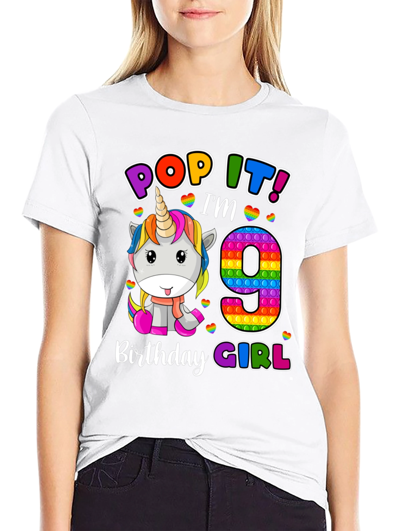 Black Pop It! I'm 9 Birthday Girl T-Shirt Unicorn view 9