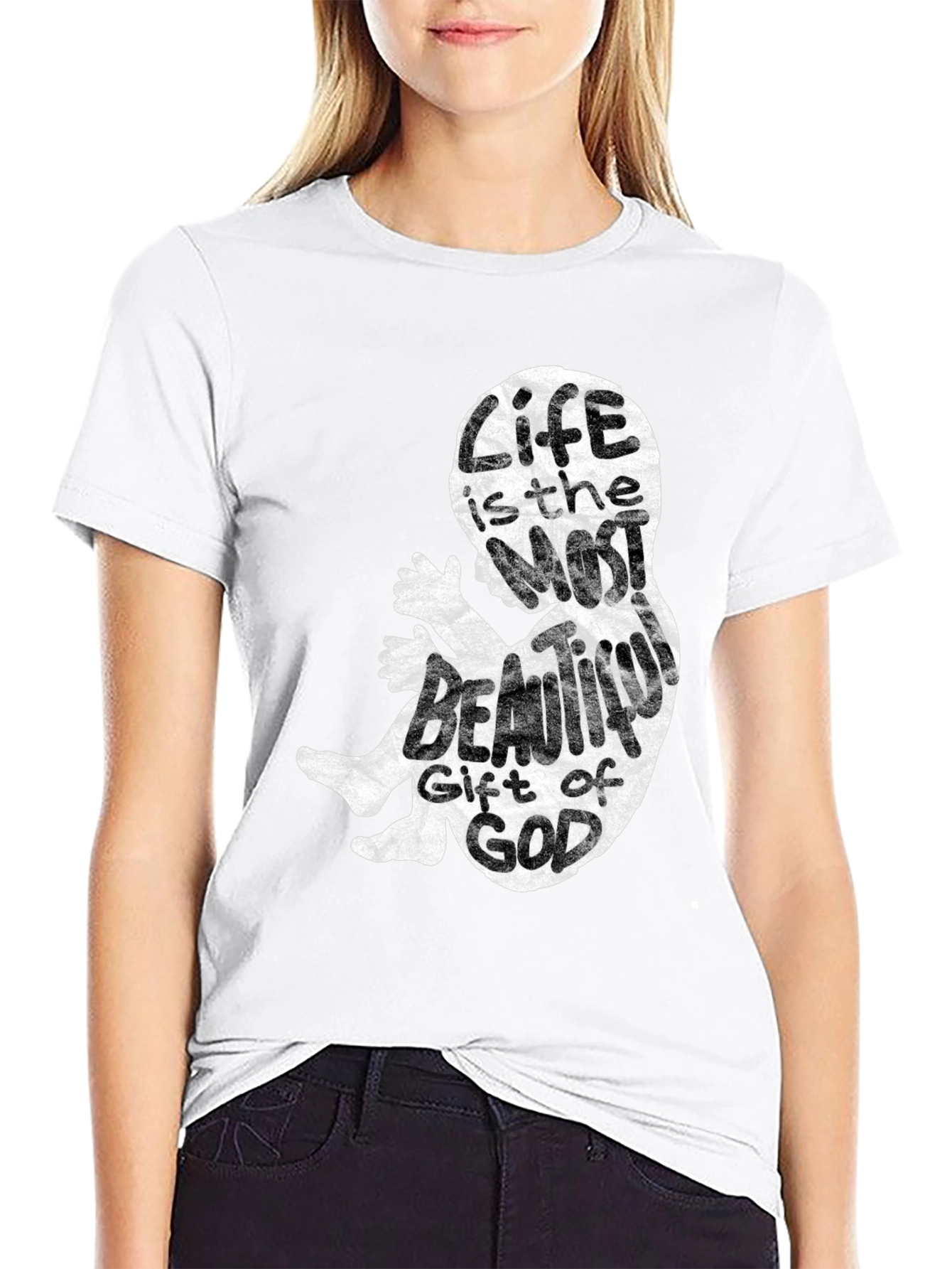 Black Pro-Life Fetus Graphic Tee - Life is Beautiful Cotton T-Shirt view 9