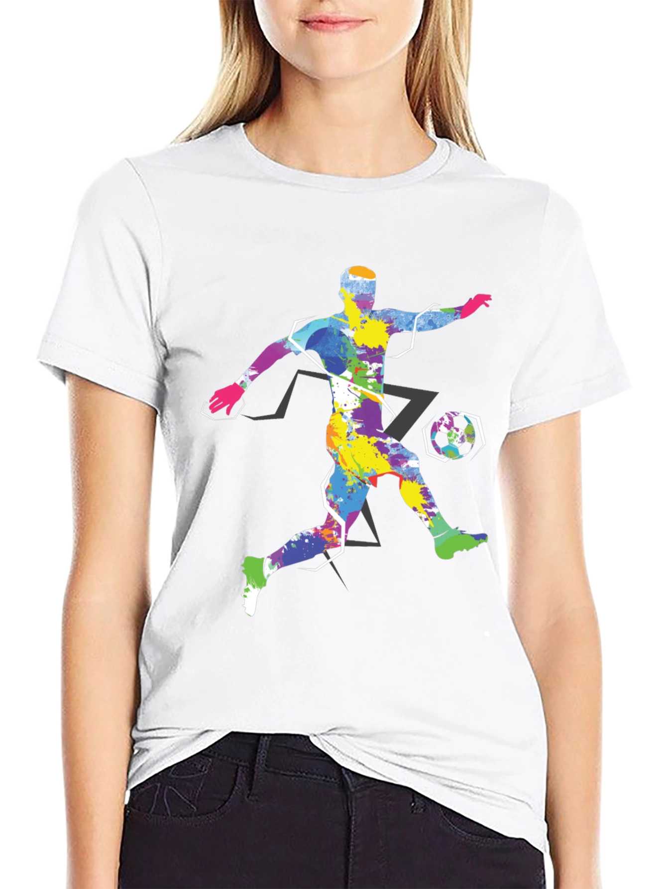 Black Colorful Soccer Player Graphic Tee - Black Cotton Shirt view 9
