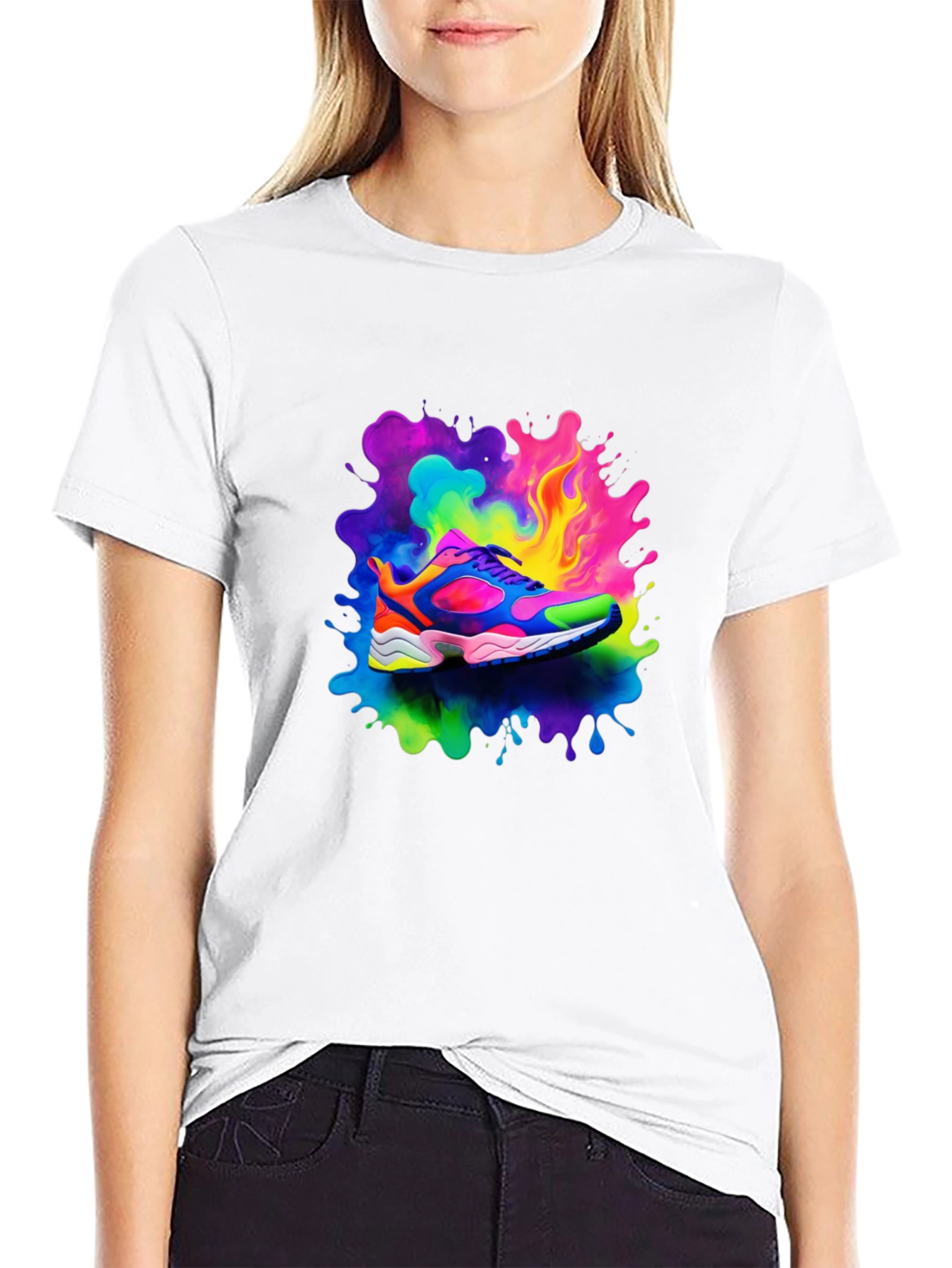 Black Men's Black T-Shirt with Colorful Shoe Design view 9