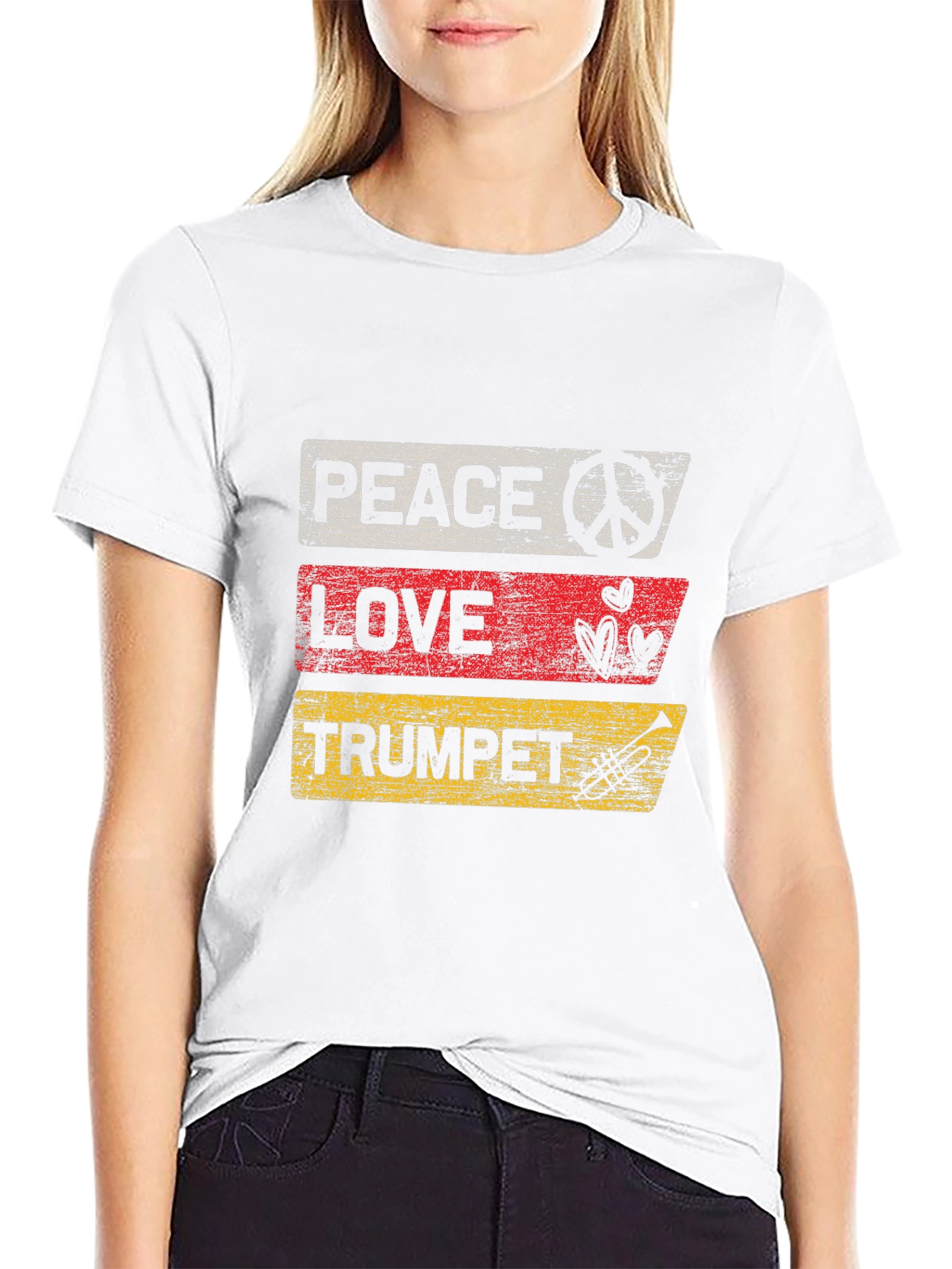 Black Peace Love Trumpet Black Graphic T-Shirt view 9
