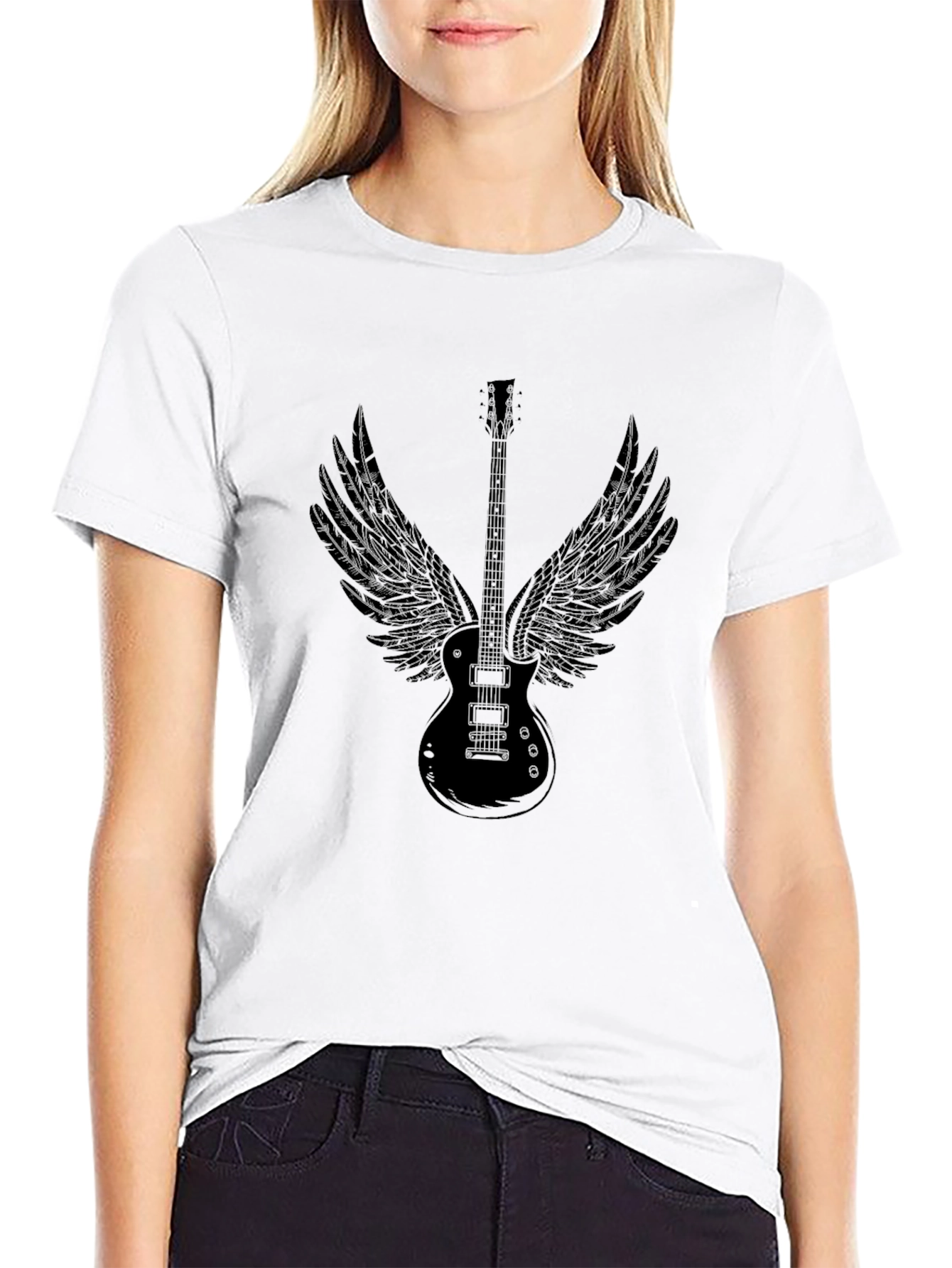Black Guitar Wings Graphic Black T-Shirt view 9