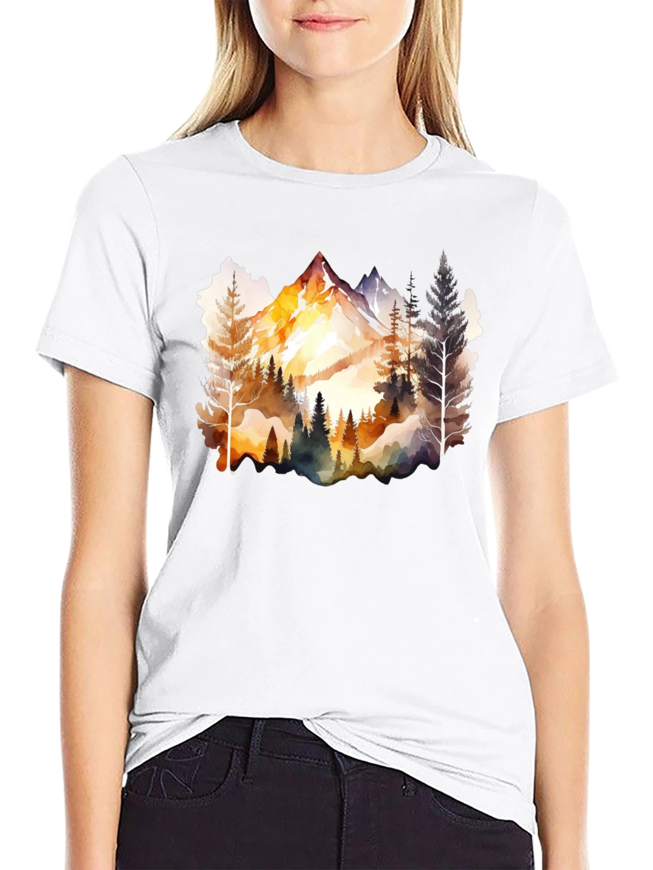 Black Watercolor Mountain & Forest Graphic Tee - Black view 9