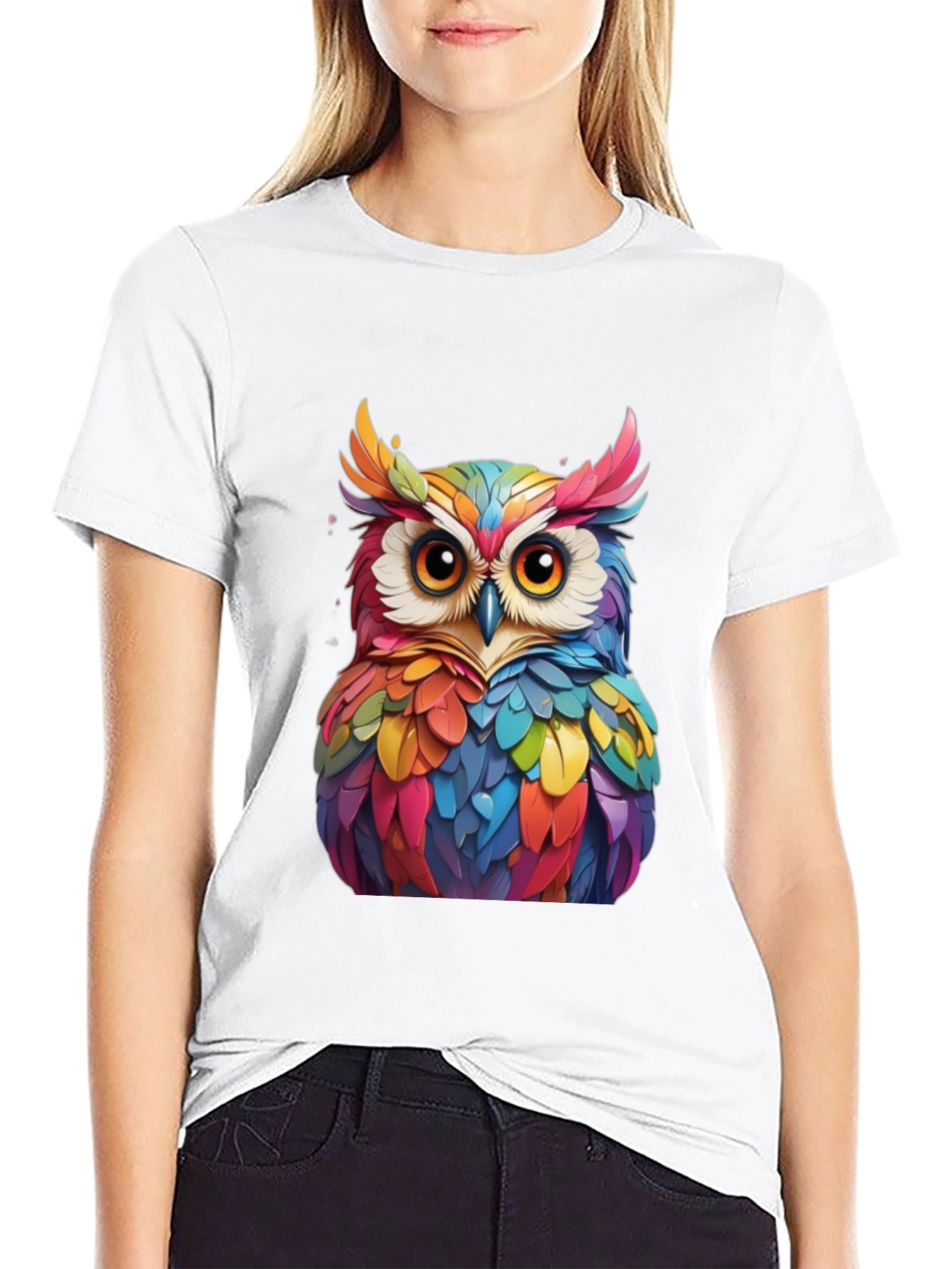 Black Colorful Owl Graphic Print Black T-Shirt view 9