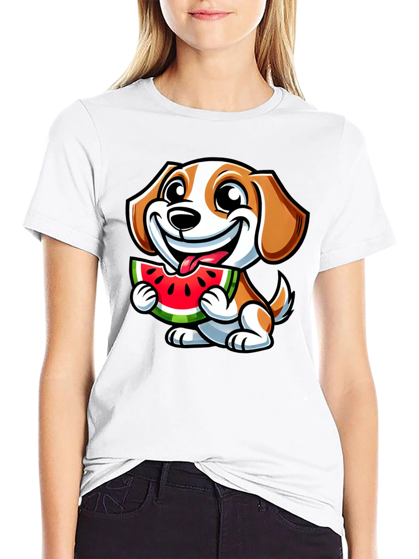 Black Cute Dog Eating Watermelon Black T-Shirt view 9
