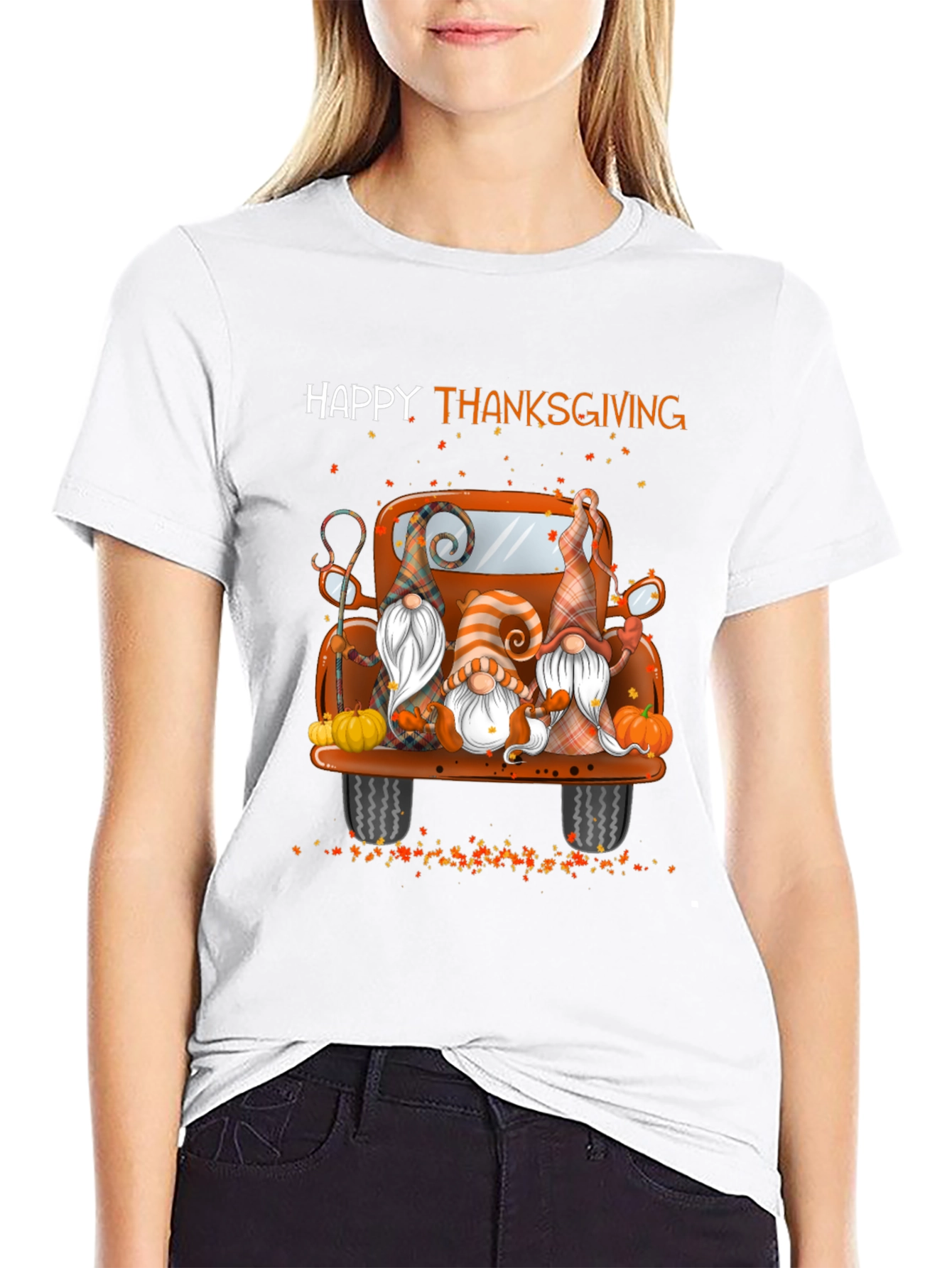 Black Happy Thanksgiving Gnomes Truck T-Shirt view 9