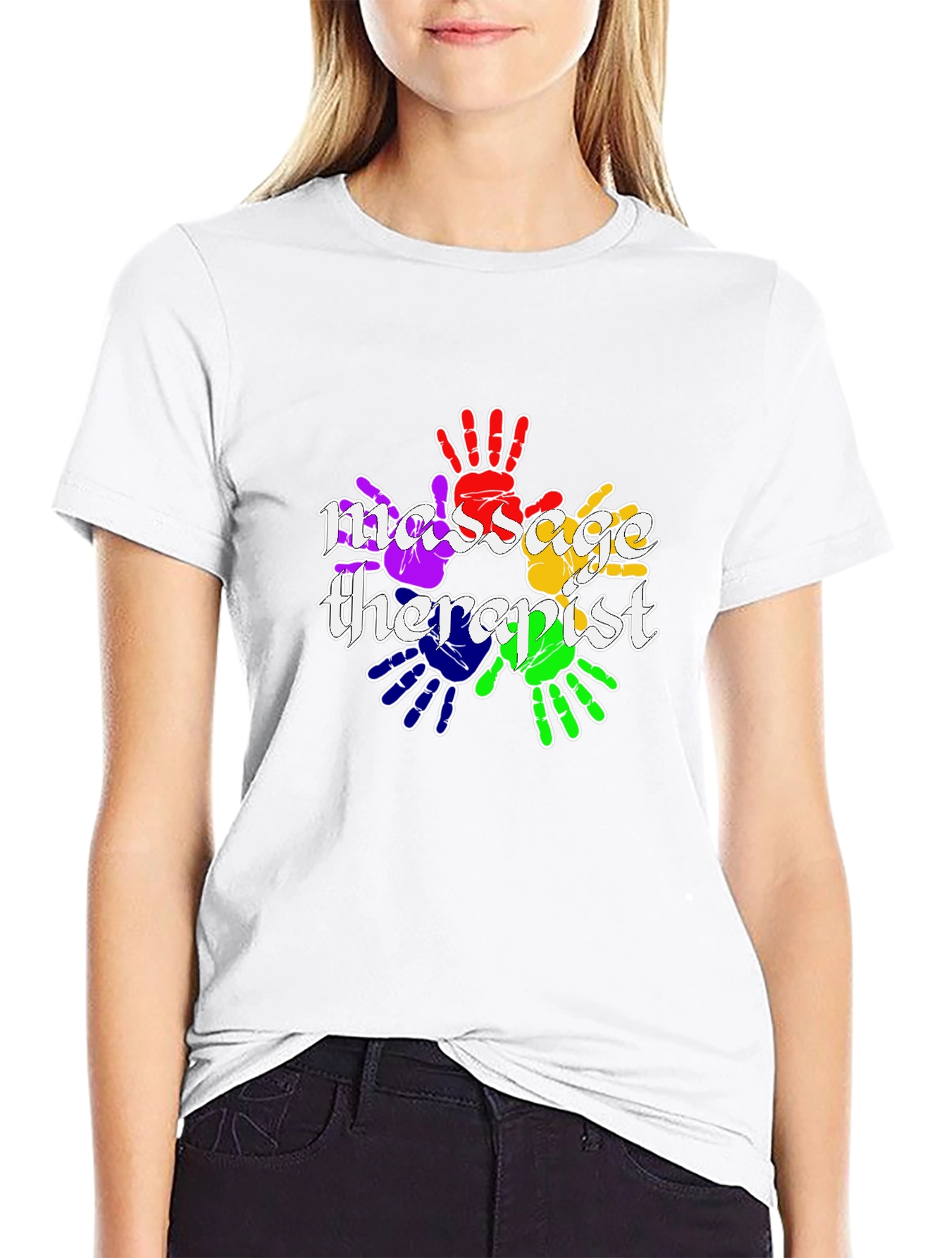 Black Massage Therapist Rainbow Handprint T-Shirt view 9