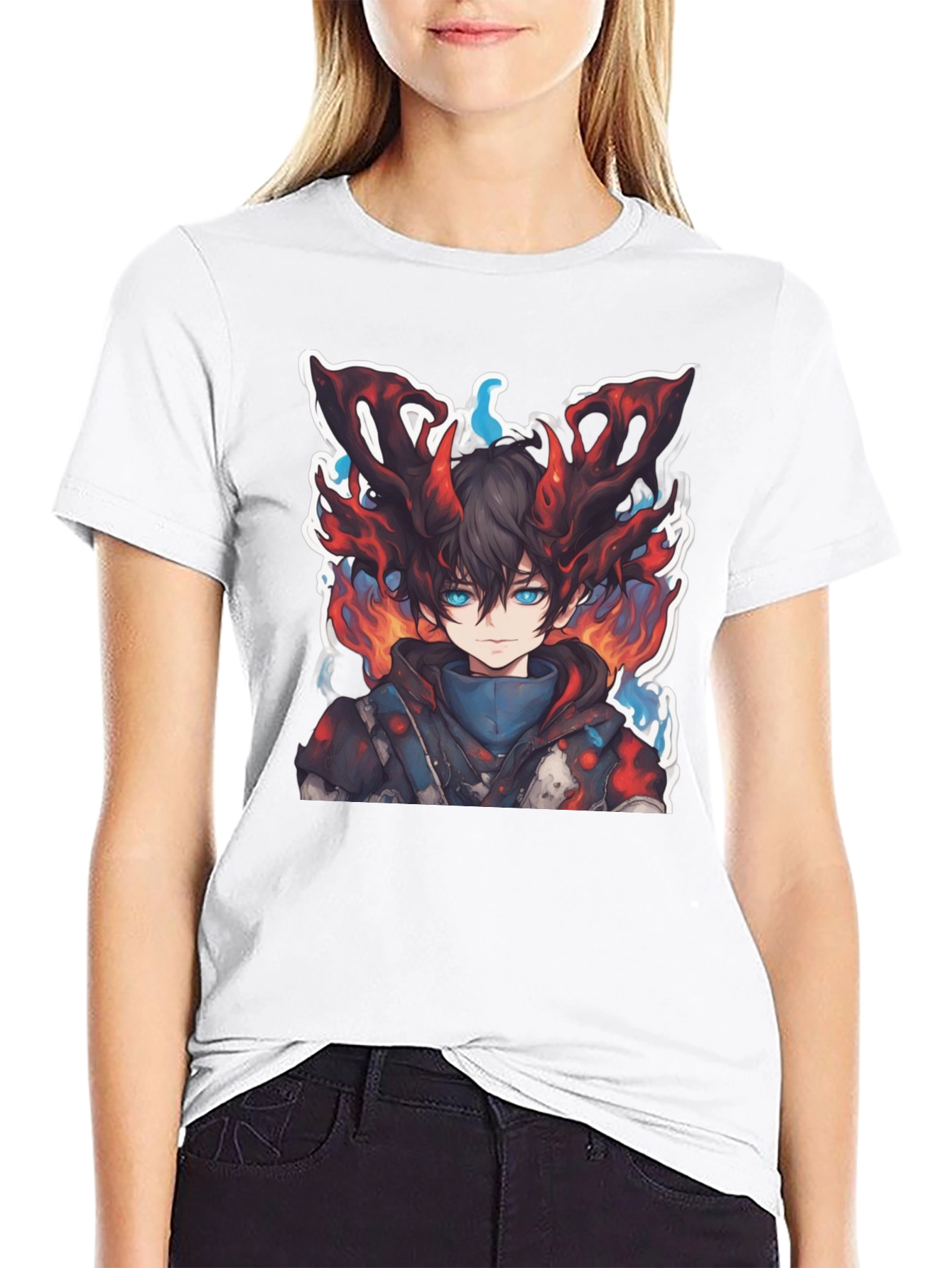 Black Anime Boy Graphic Tee - Fire Aura Design view 9
