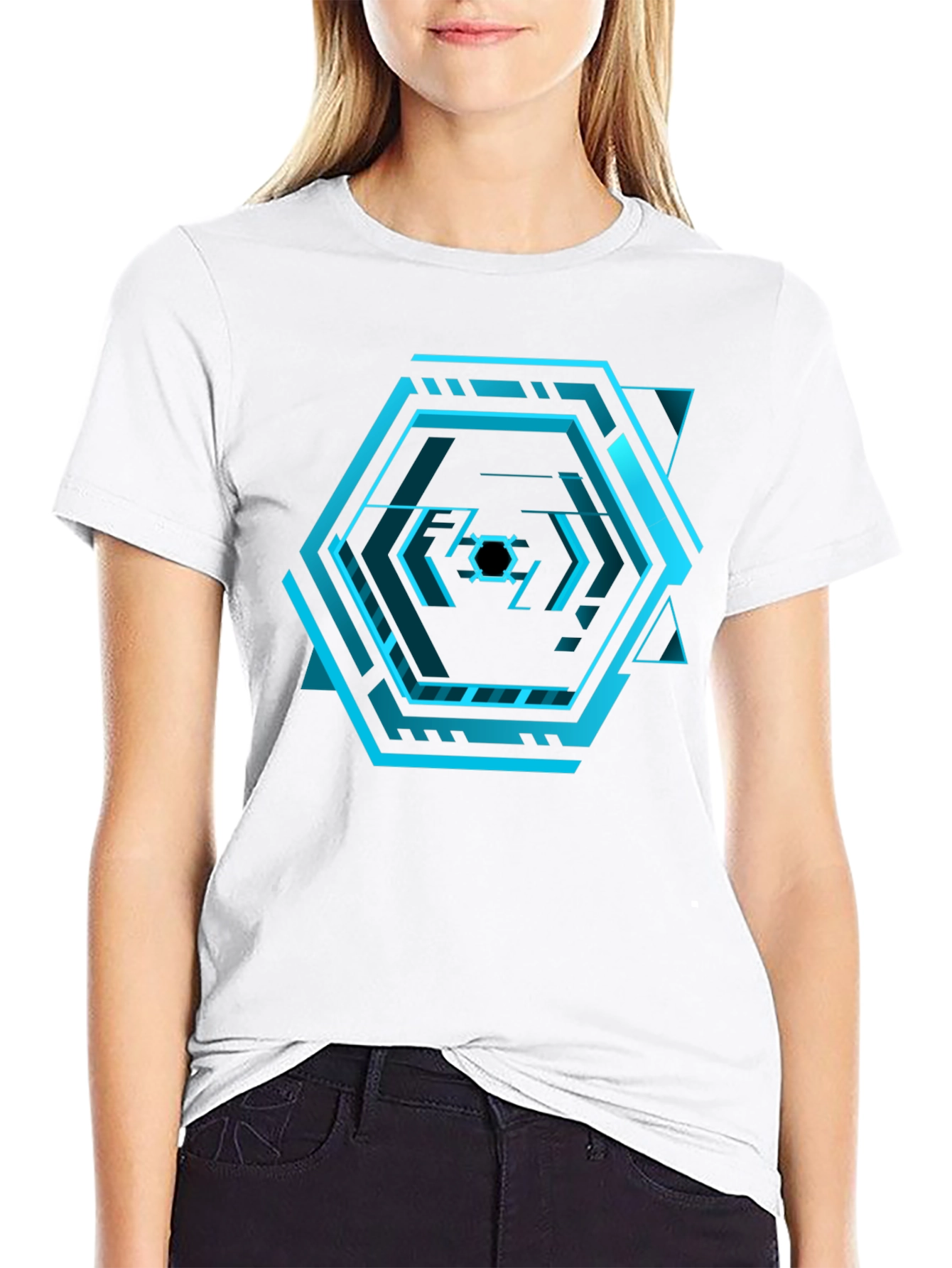Black Cyberpunk Hexagon Black T-Shirt - Futuristic Design view 9