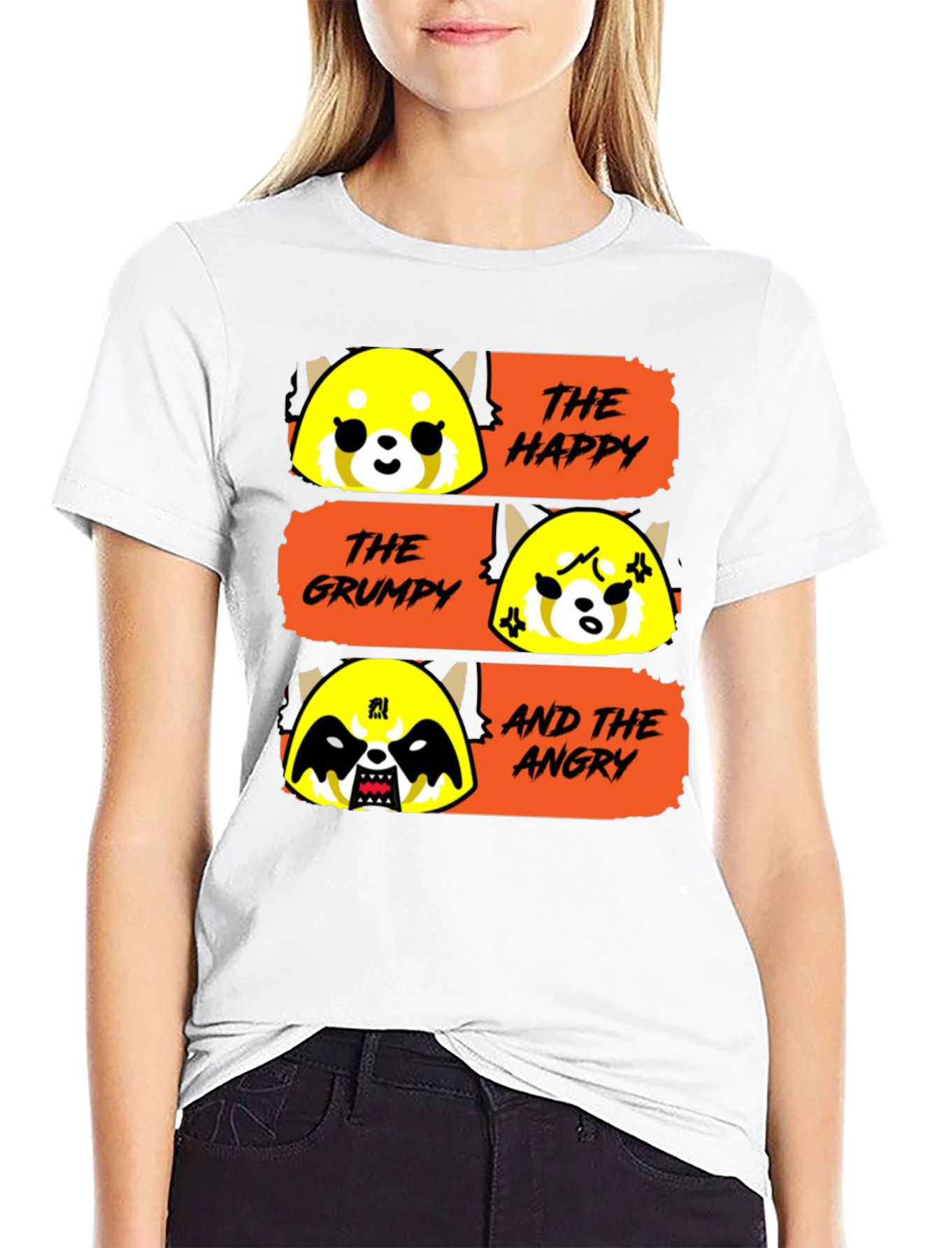 Black Aggretsuko Moods T-Shirt - Happy, Grumpy, Angry Red Panda view 9