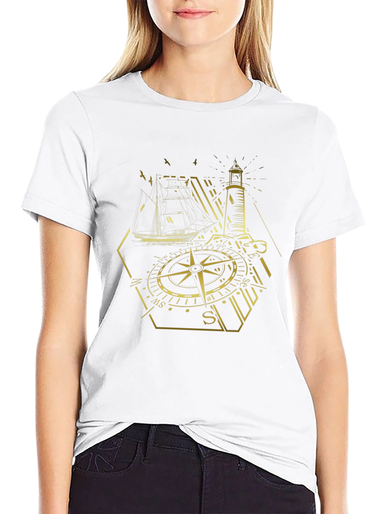 Black Nautical Compass Lighthouse Graphic Tee - Black view 9