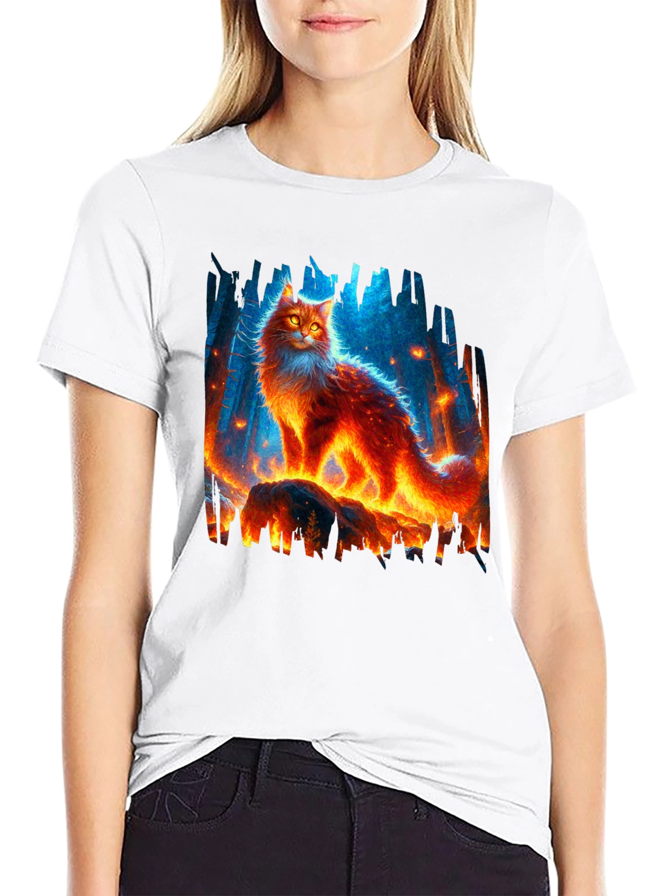 Black Fiery Cat Graphic Tee - Unique Design view 9