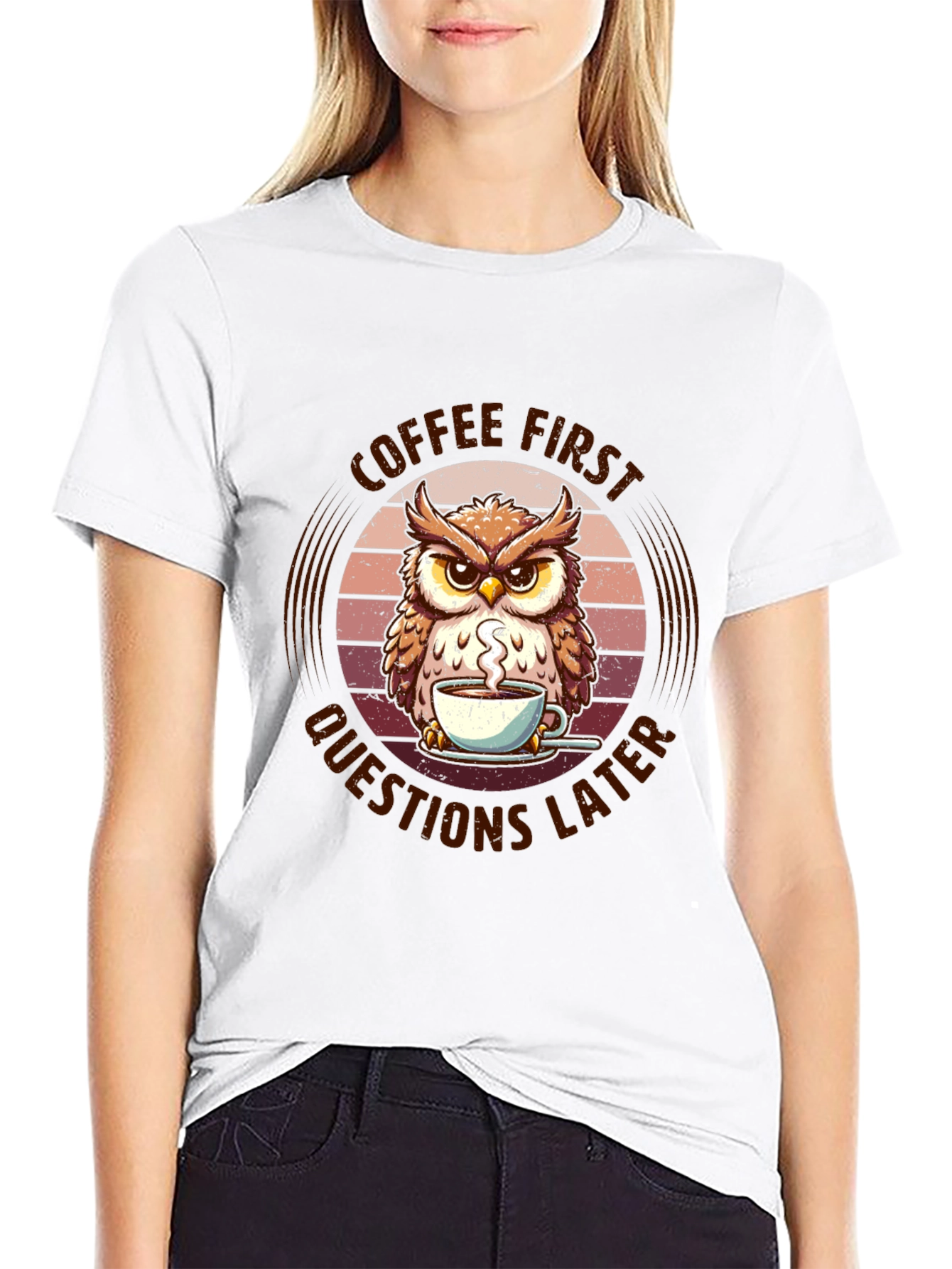 Black Coffee First Owl T-Shirt - Unisex Graphic Tee view 9
