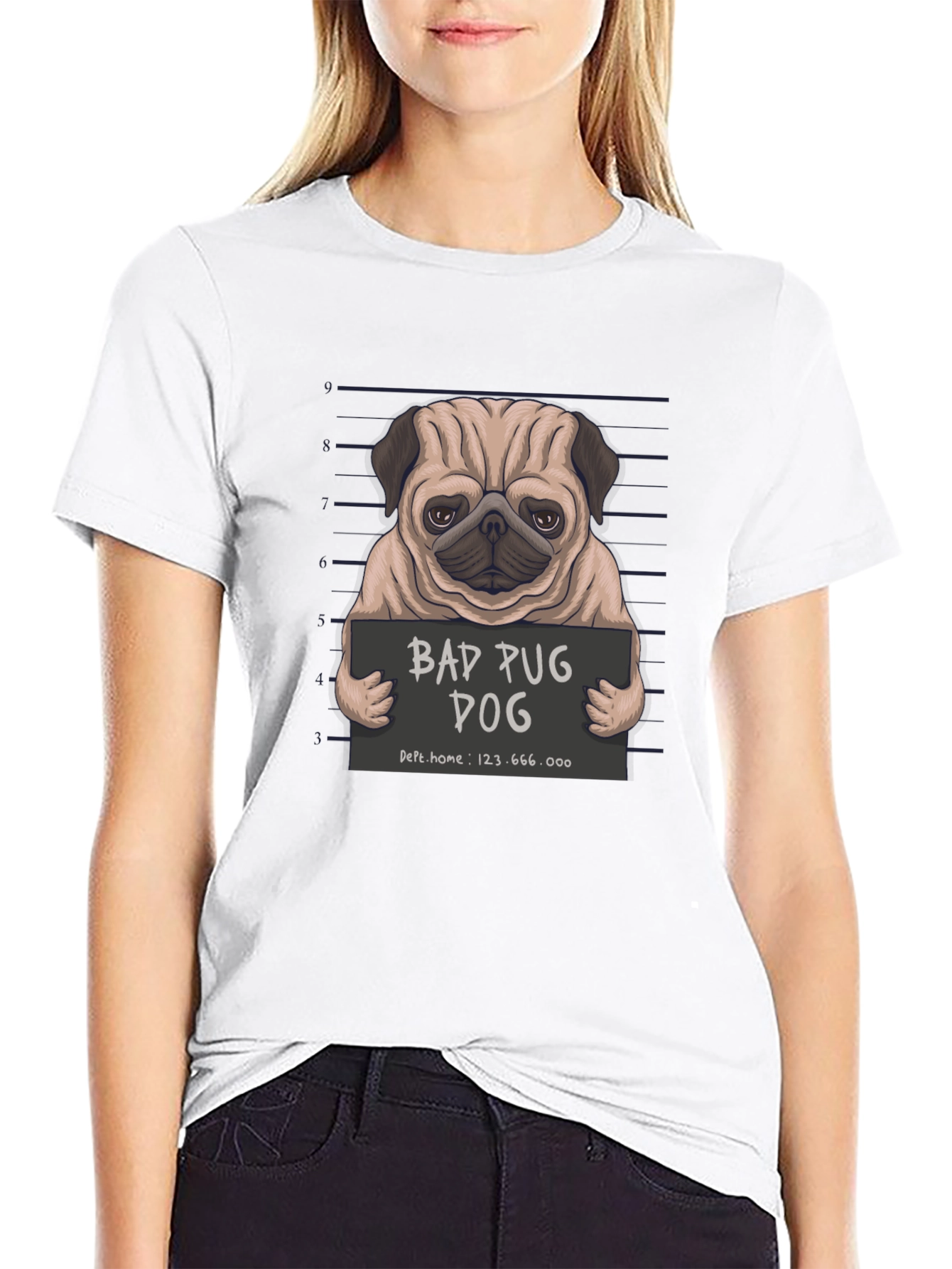 Black Bad Pug Dog T-Shirt - Funny Mugshot Design view 9