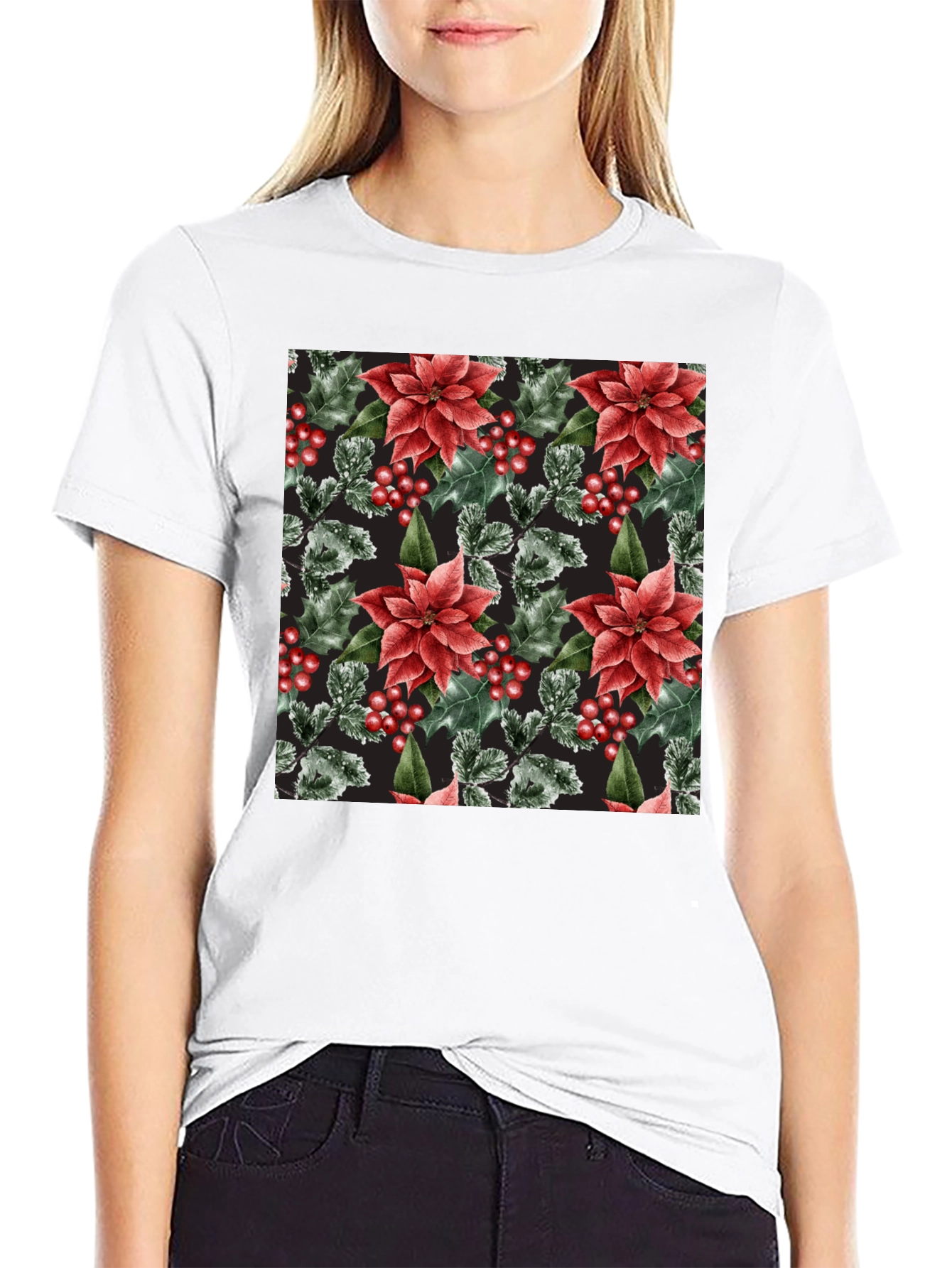 Black Festive Floral Holiday T-Shirt view 9