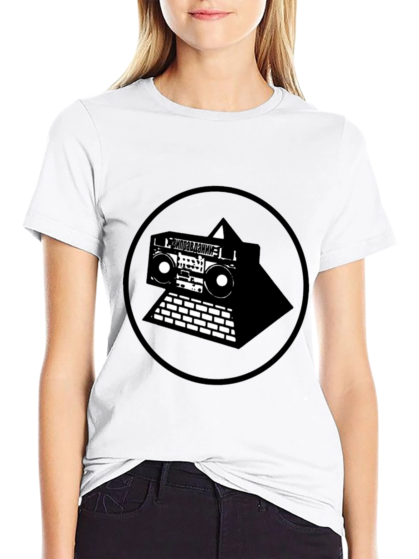 Black Black Graphic Tee with Boombox Pyramid Design view 9