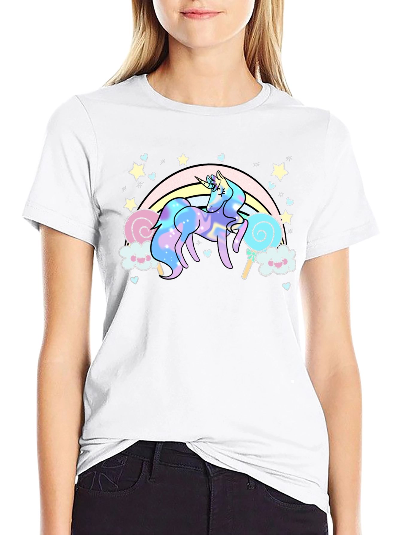 Black Unicorn Rainbow T-Shirt, Black Cotton Tee view 9