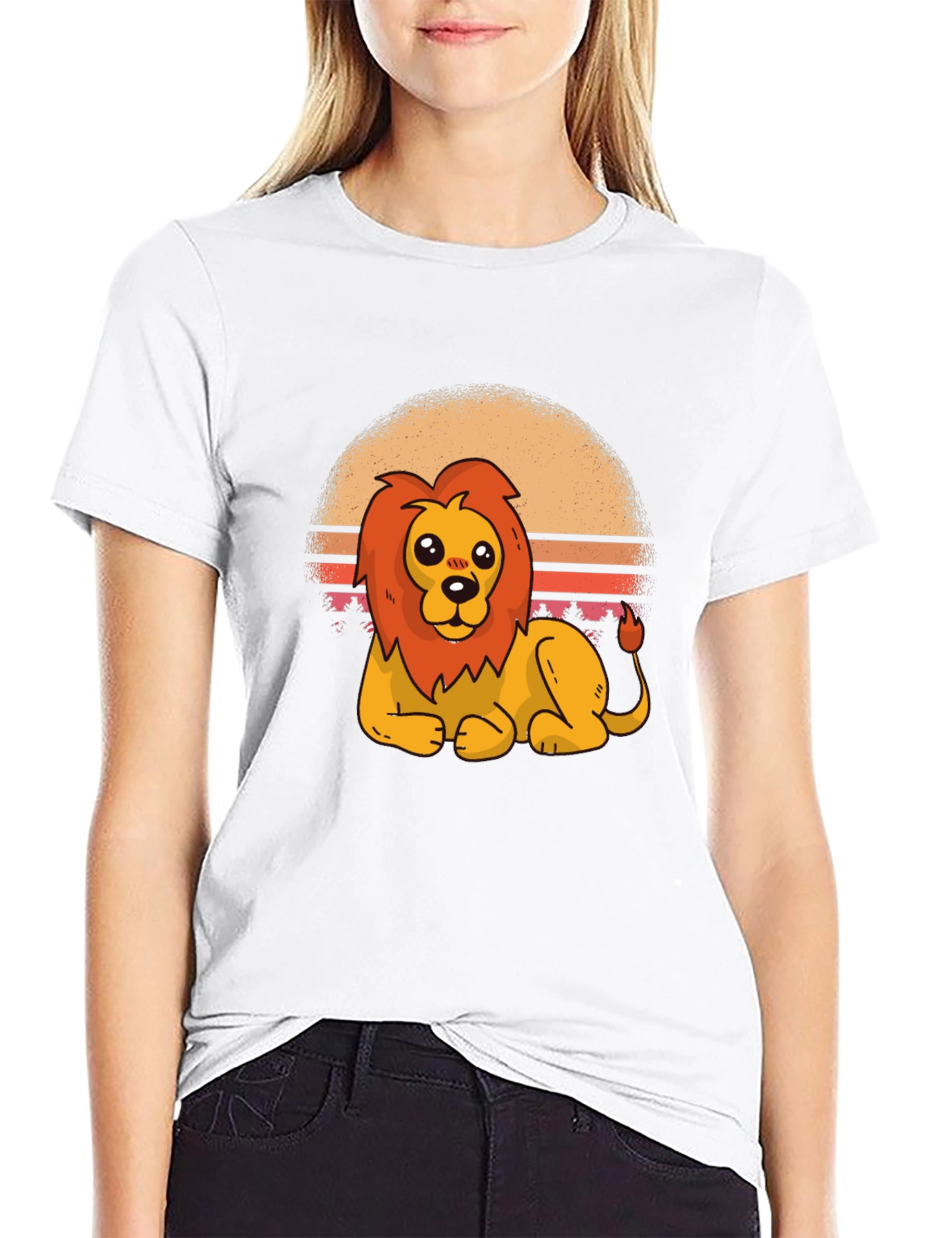 Black Cartoon Lion Graphic Tee - Black Cotton T-Shirt view 9