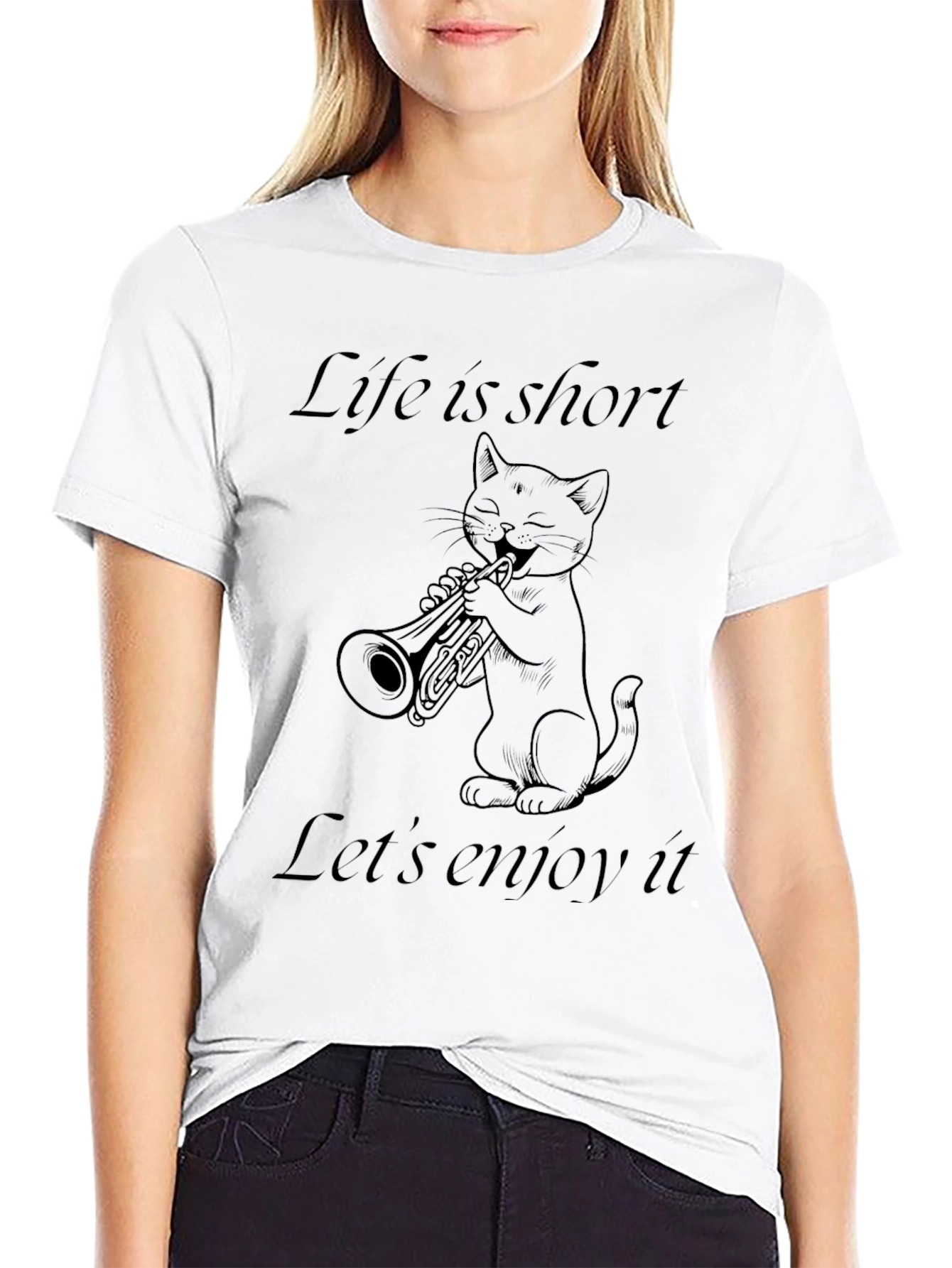 Black Life Is Short Cat Trumpet T-Shirt view 9