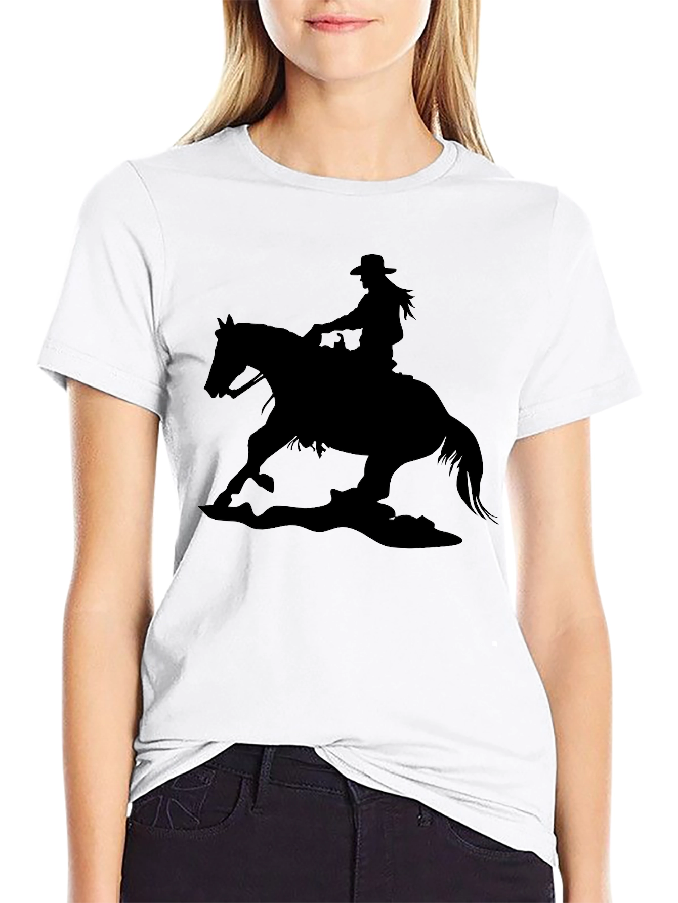 Black Cowgirl Horse Silhouette Black T-Shirt view 9