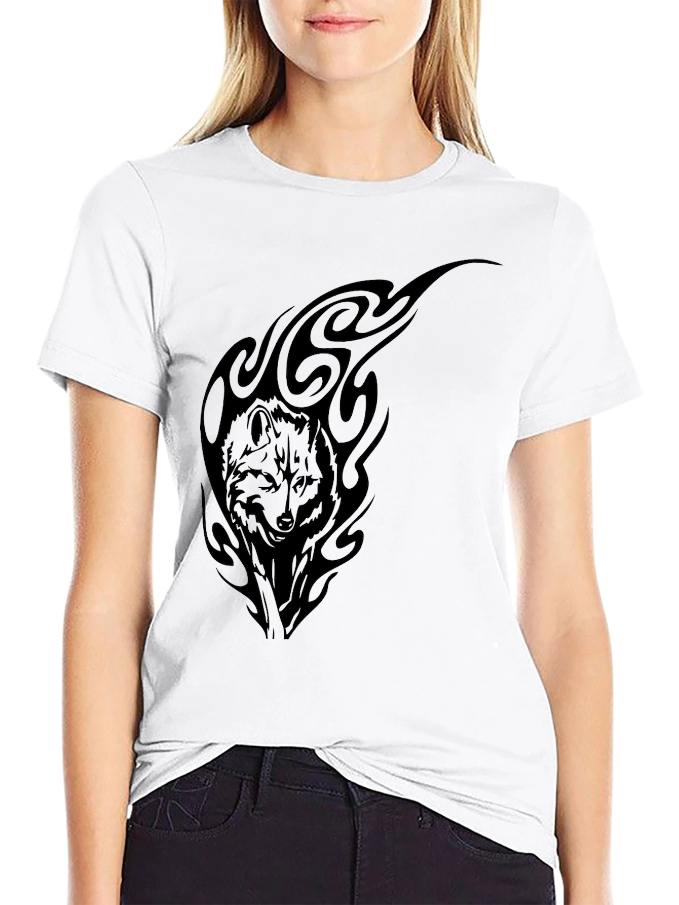 Black Wolf Tribal Graphic Tee - Black Cotton T-Shirt view 9