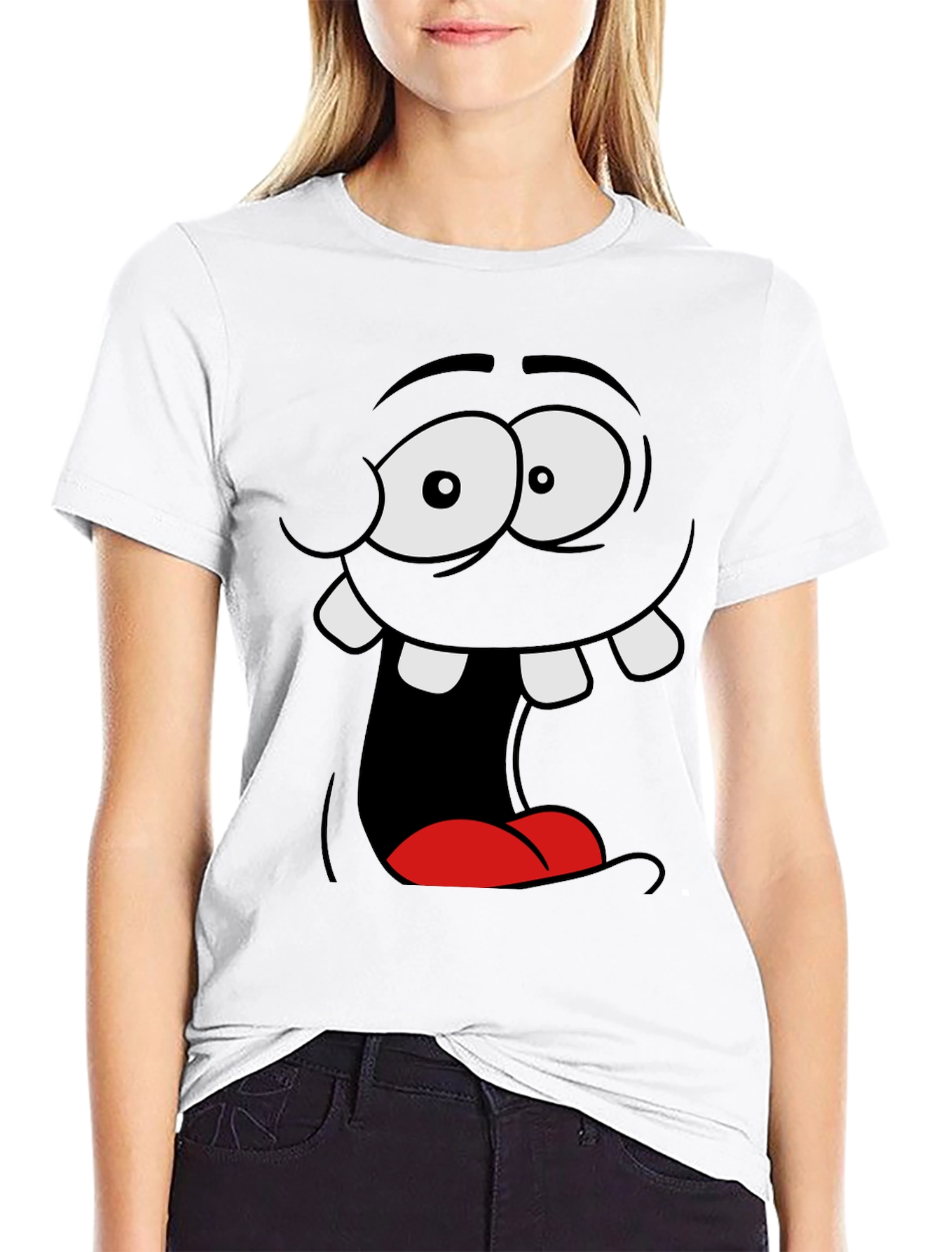 Black Funny Cartoon Face Black Graphic Tee view 9