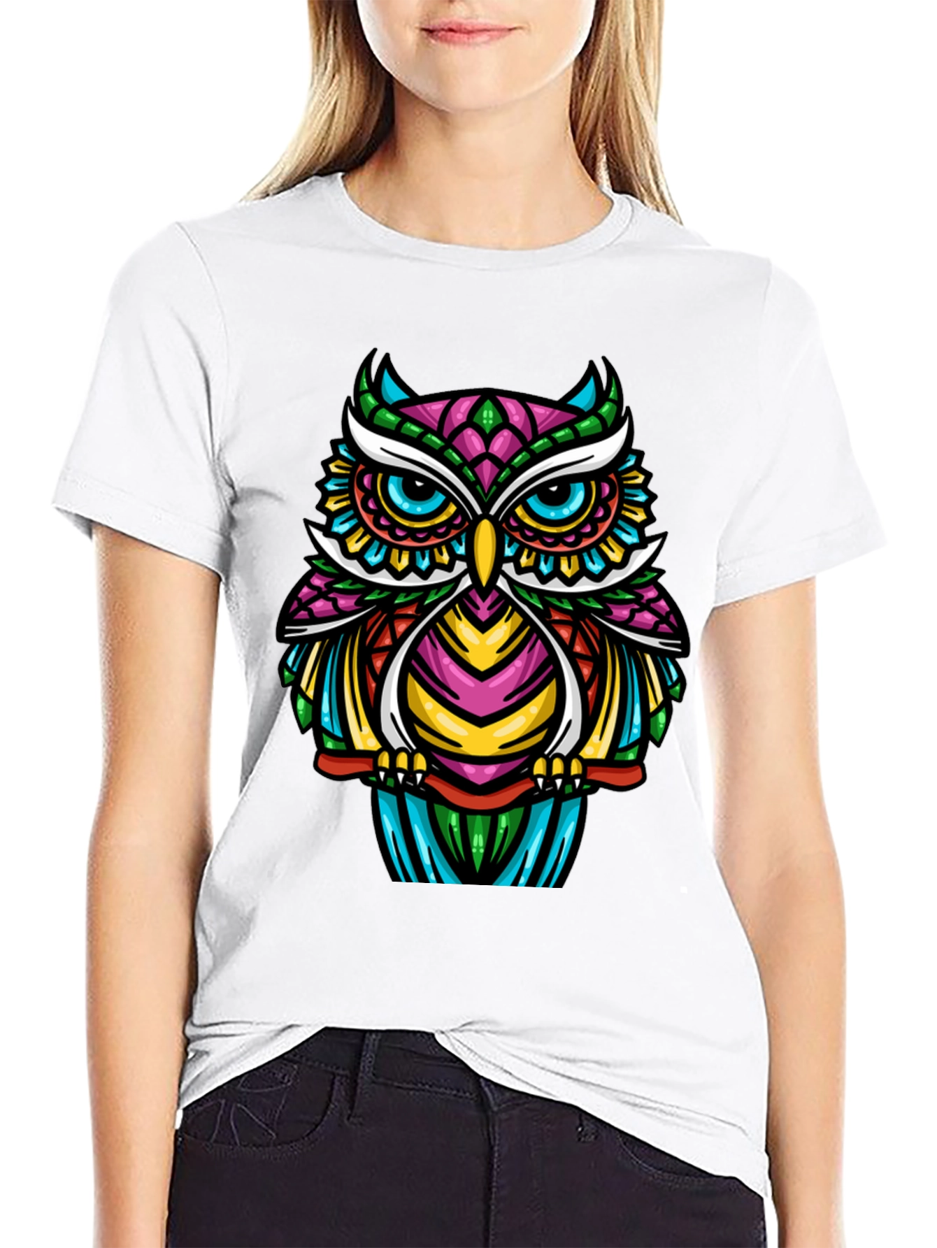 Black Colorful Owl Graphic T-Shirt - Unique Design view 9