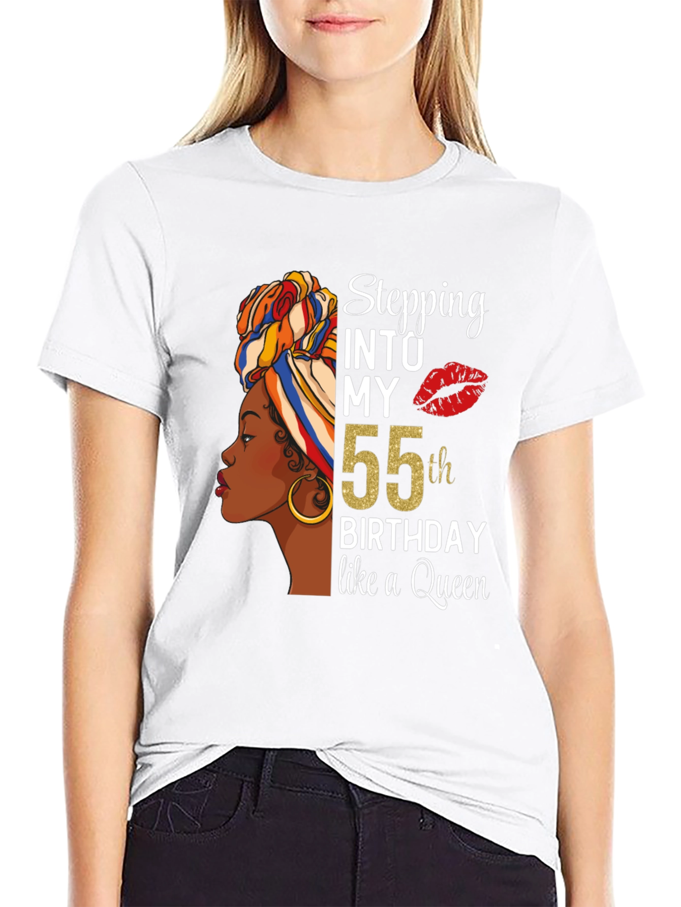 Black Stepping Into My 55th Birthday Like a Queen T-Shirt view 9