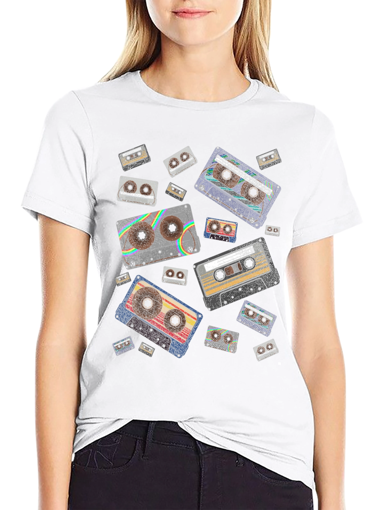 Black Retro Cassette Tape Pattern Black T-Shirt view 9