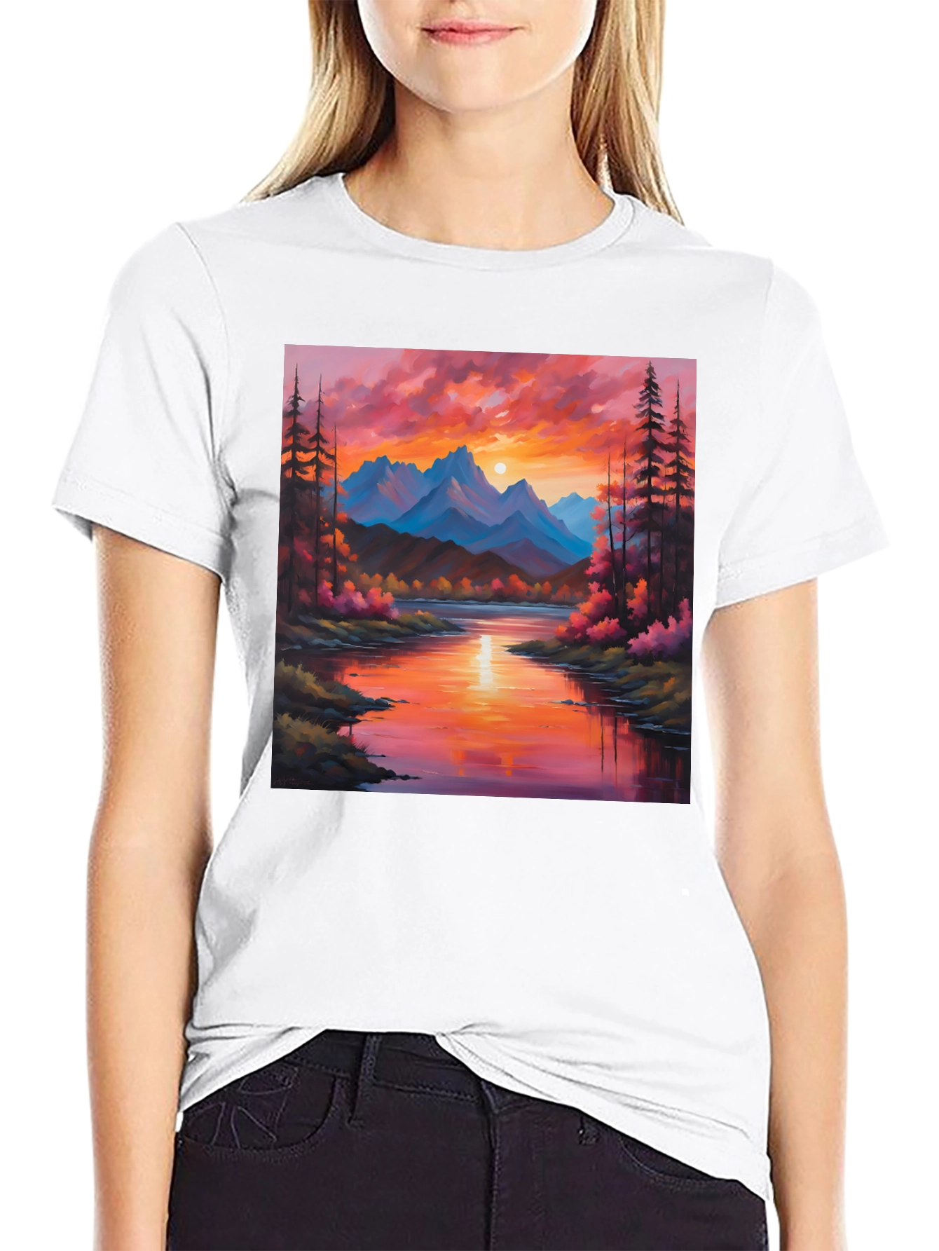 Black Sunset Mountain River Painting Graphic Tee view 9