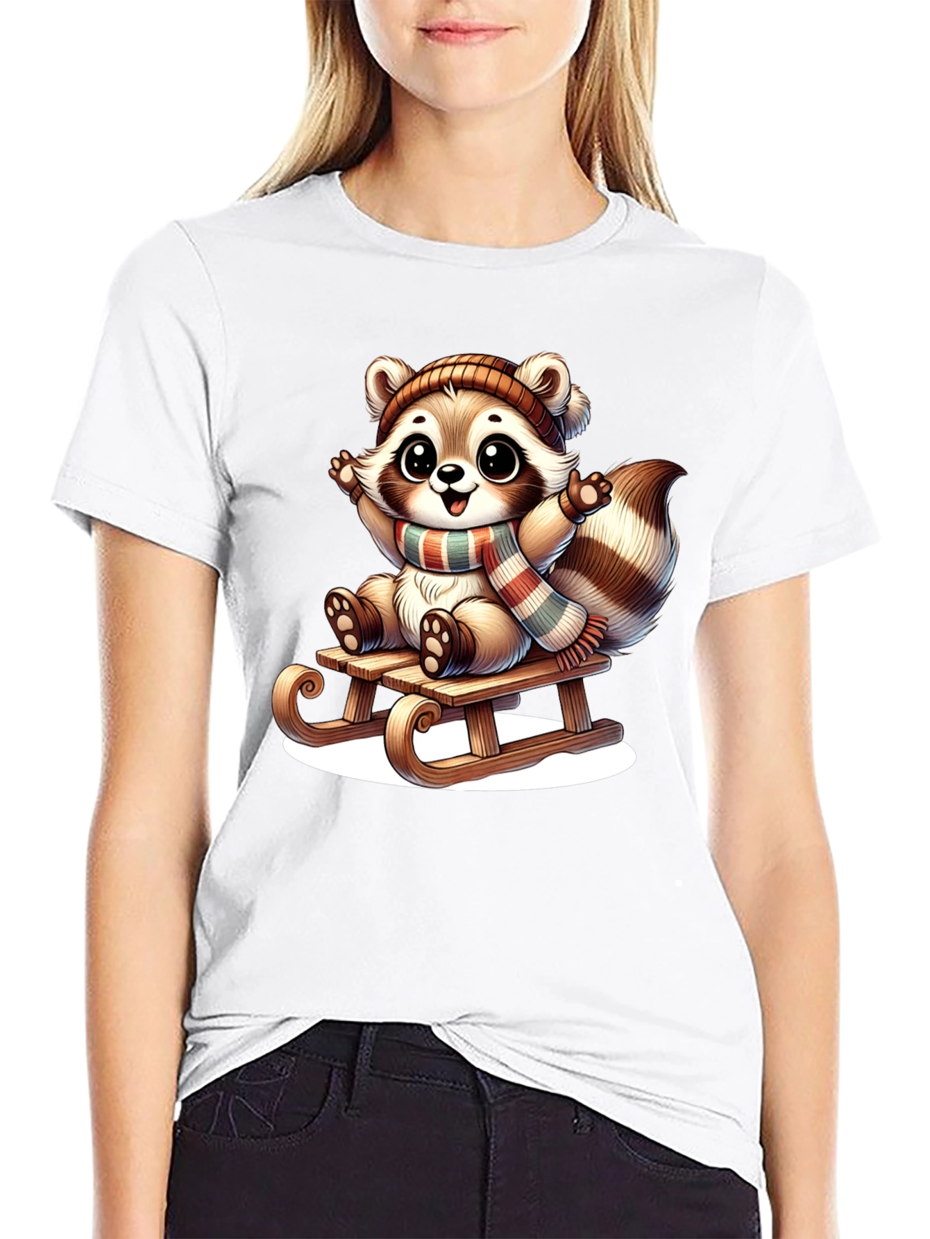 Black Cute Raccoon Sledding Graphic Tee view 9