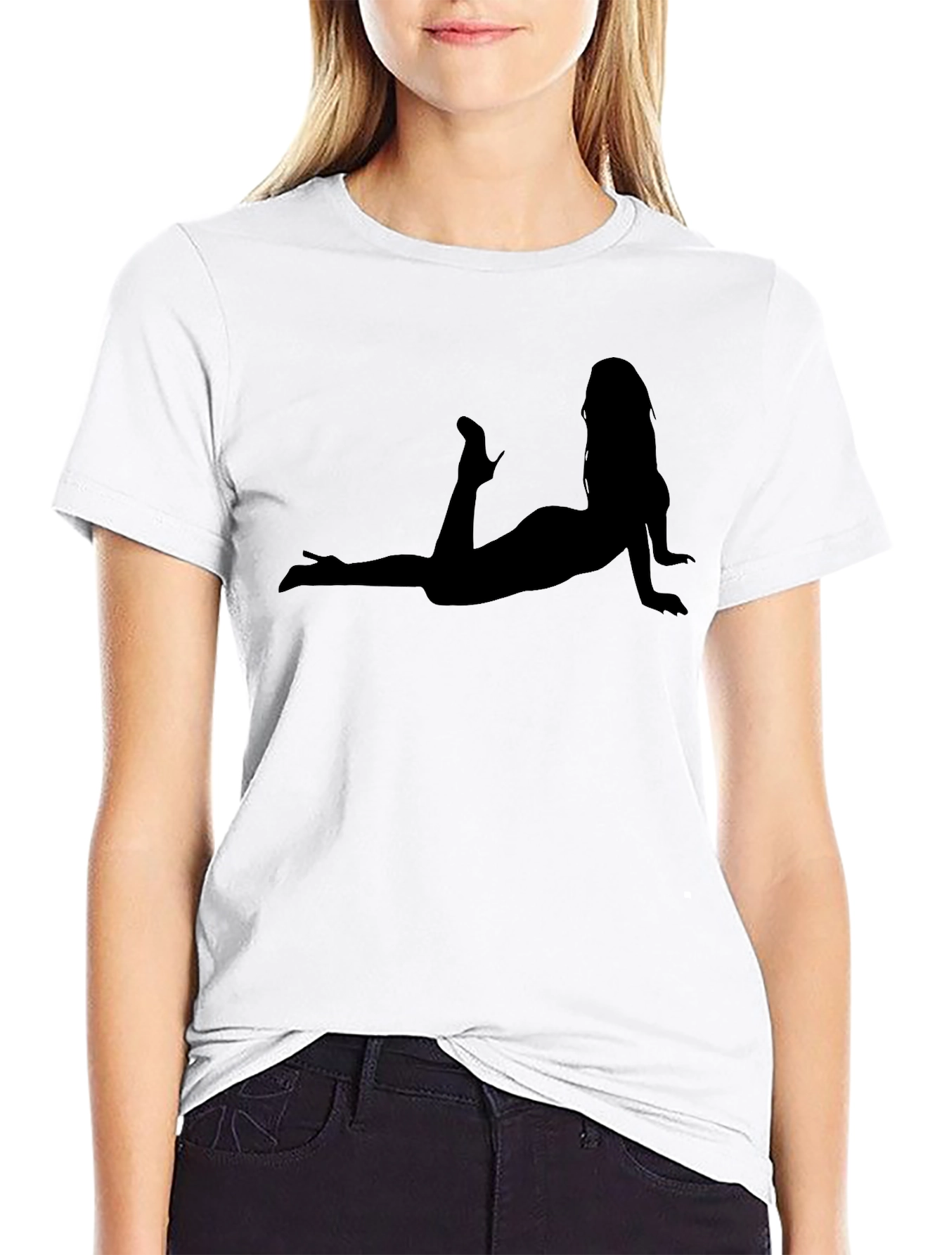 Black Silhouette Woman Tee - Classic Black Cotton T-Shirt view 9