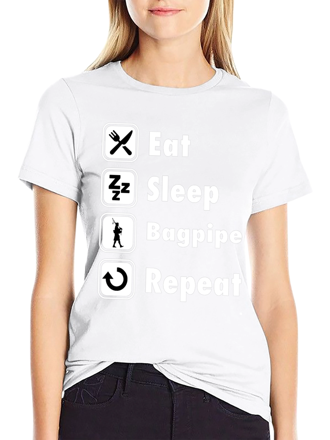 Black Eat Sleep Bagpipe Repeat T-Shirt - Black Cotton Tee view 9
