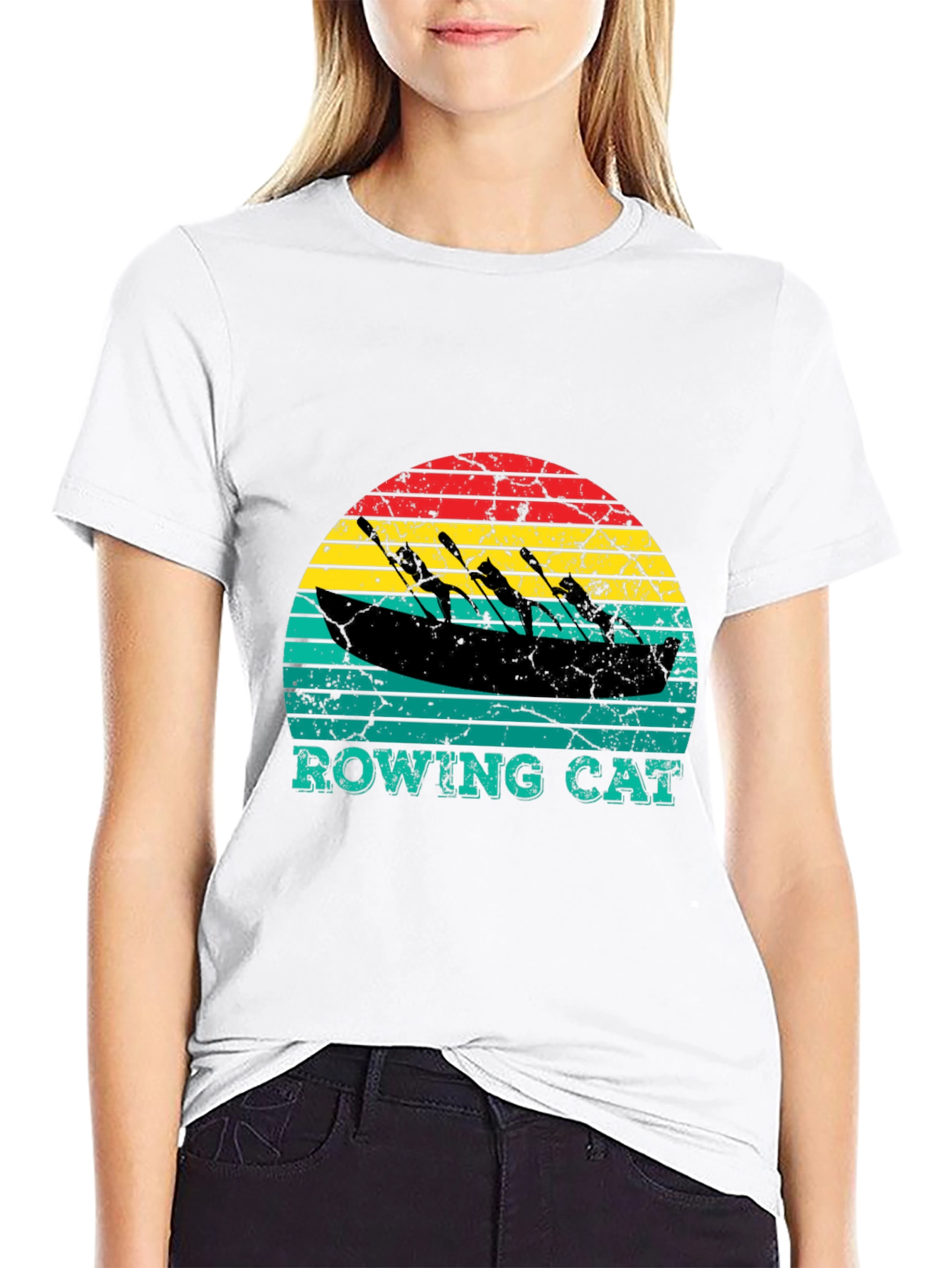 Black Rowing Cat T-Shirt - Vintage Style Tee view 9