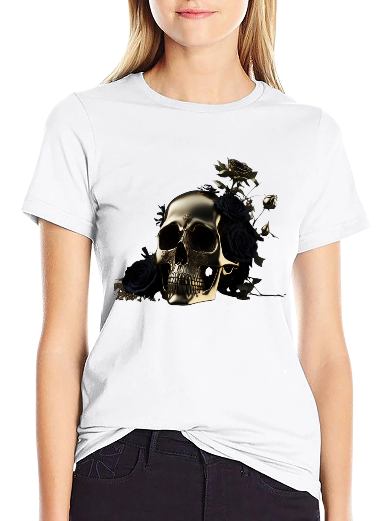 Black Golden Skull & Roses Graphic Tee view 9