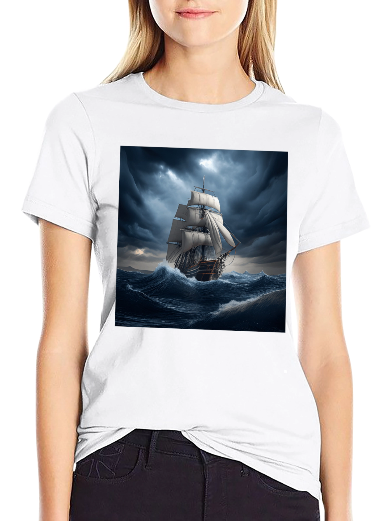 Black Nautical Storm Ship Graphic Tee - Black Cotton Blend view 9